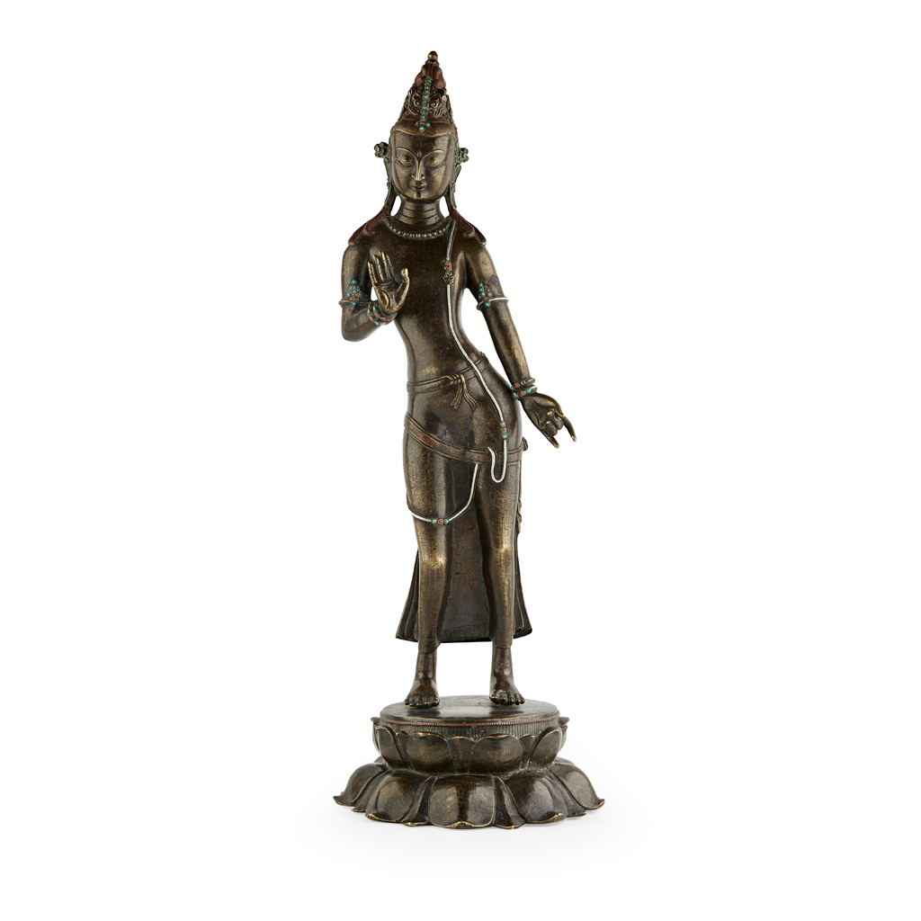 SINO-TIBETAN GILT-BRONZE STANDING FIGURE OF AVALOKITESVARA