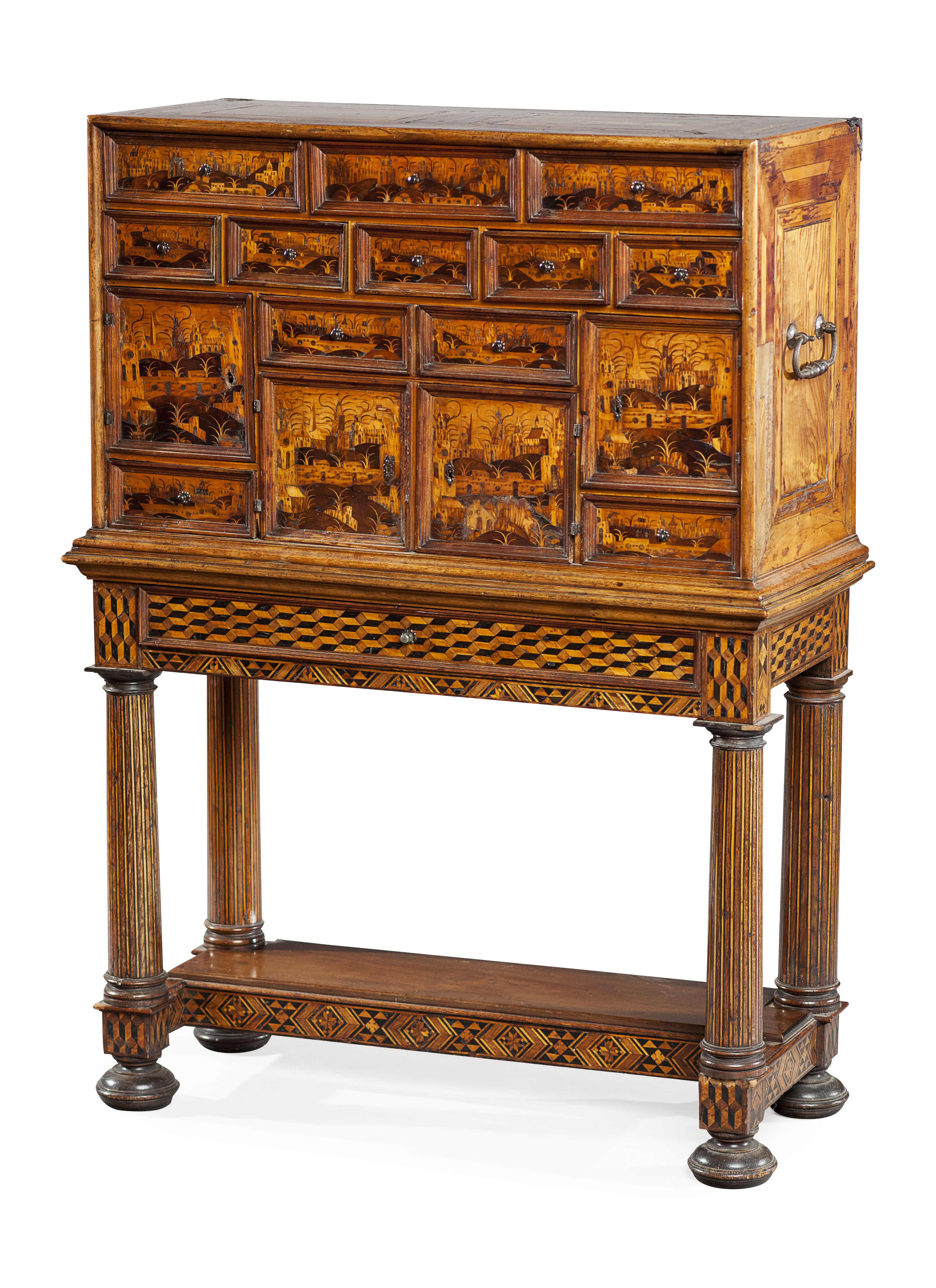 SOUTH GERMAN PINE, WALNUT, ELM, MAPLE, EBONY AND FRUITWOOD MARQUETRY AND PARQUETRY CABINET ON STAND, AFTER DESIGNS BY LORENZ STOER