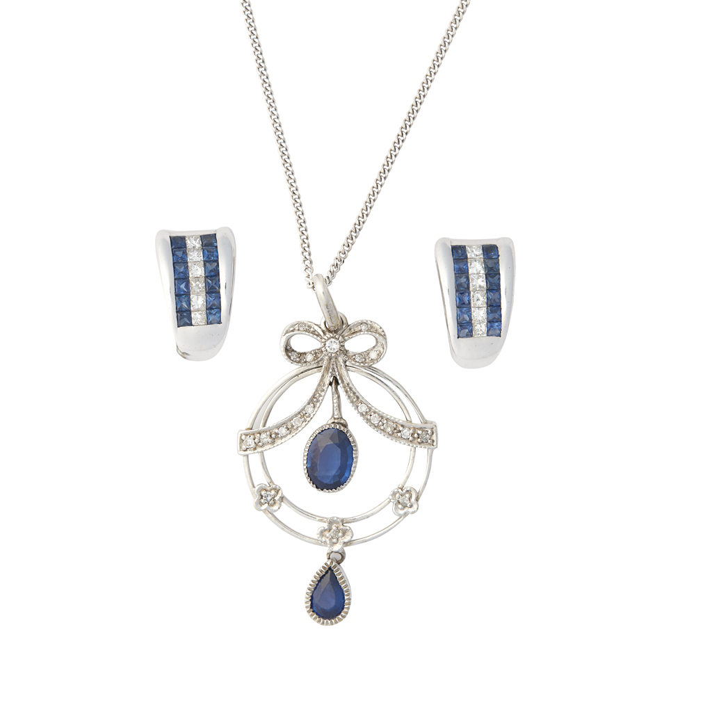A 9ct white gold sapphire and diamond set pendant necklace