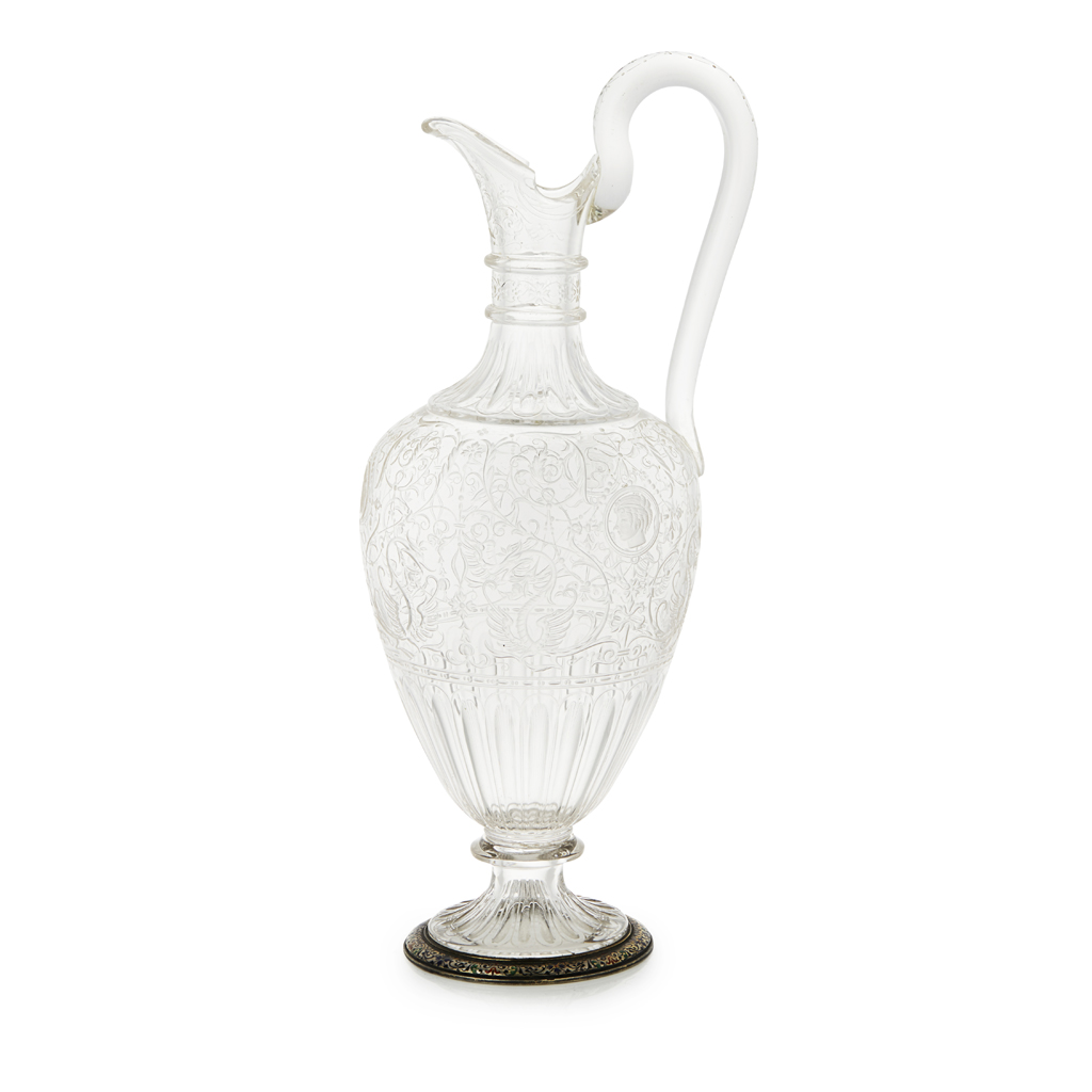 VIENNESE ENGRAVED GLASS AND ENAMEL MOUNTED EWER