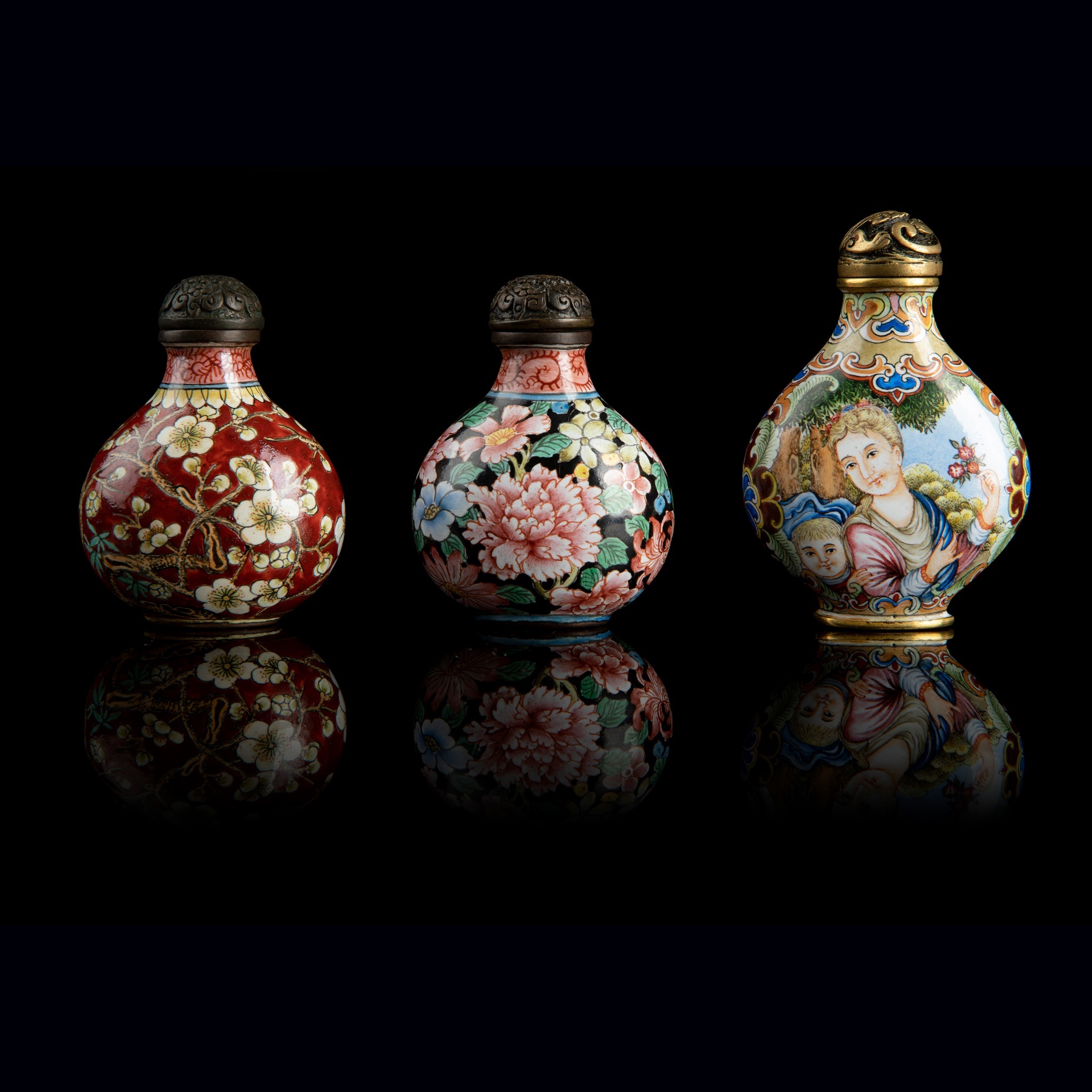 GROUP OF THREE PAINTED ENAMEL SNUFF BOTTLES