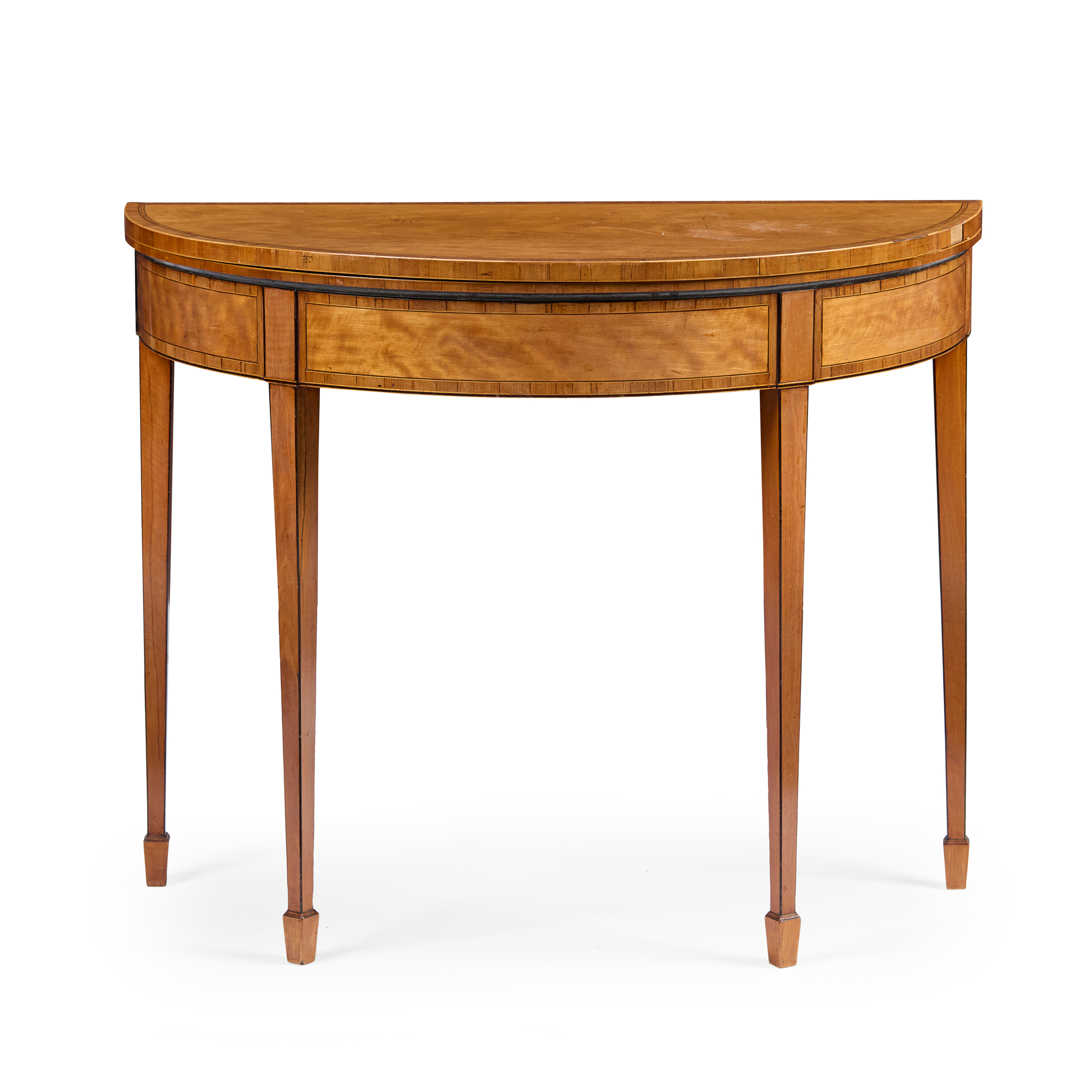 LATE GEORGE III SATINWOOD AND HAREWOOD DEMILUNE CARD TABLE