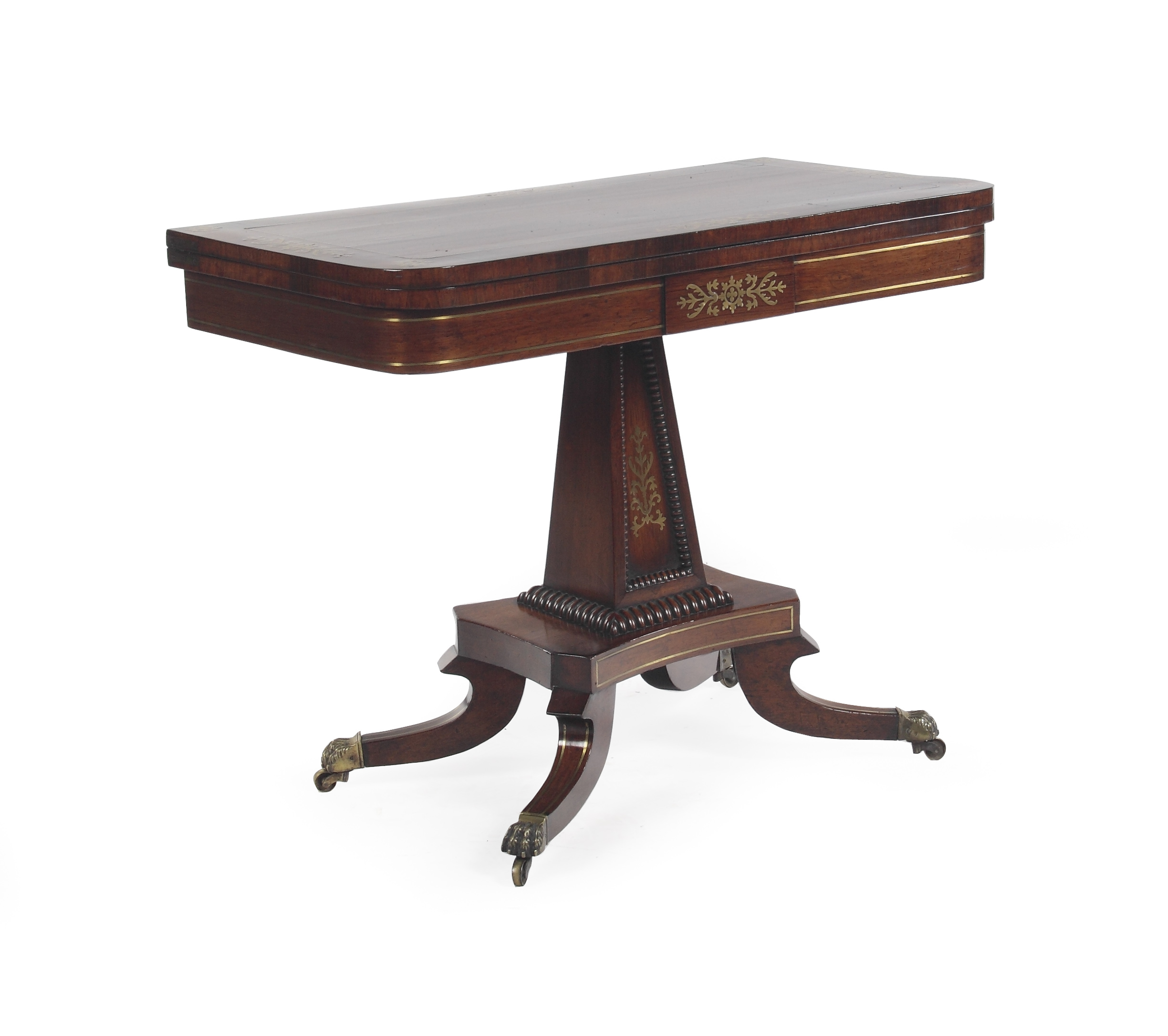 A Regency rosewood and brass inlaid card table