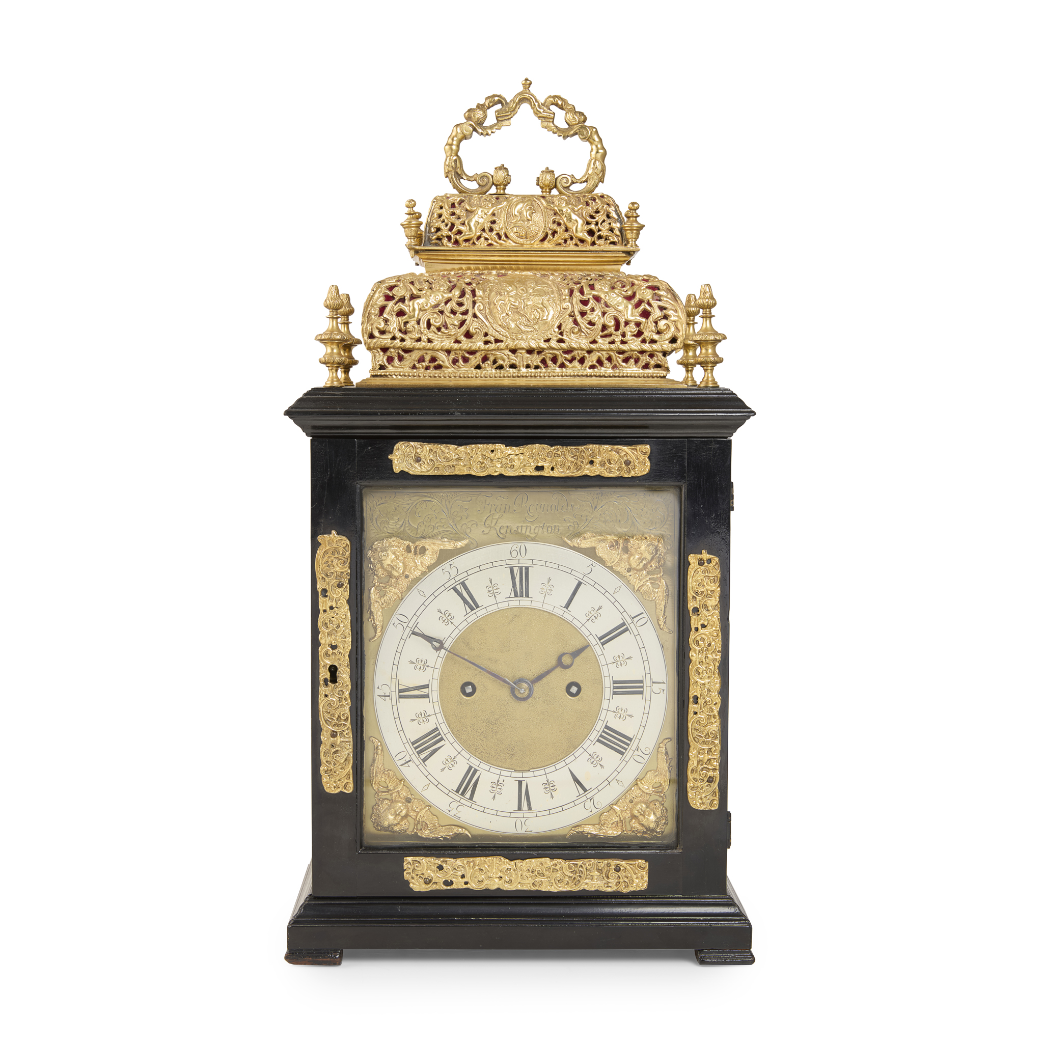 QUEEN ANNE BRASS MOUNTED EBONISED BRACKET CLOCK, BY FRANCIS REYNOLDS, KENSINGTON