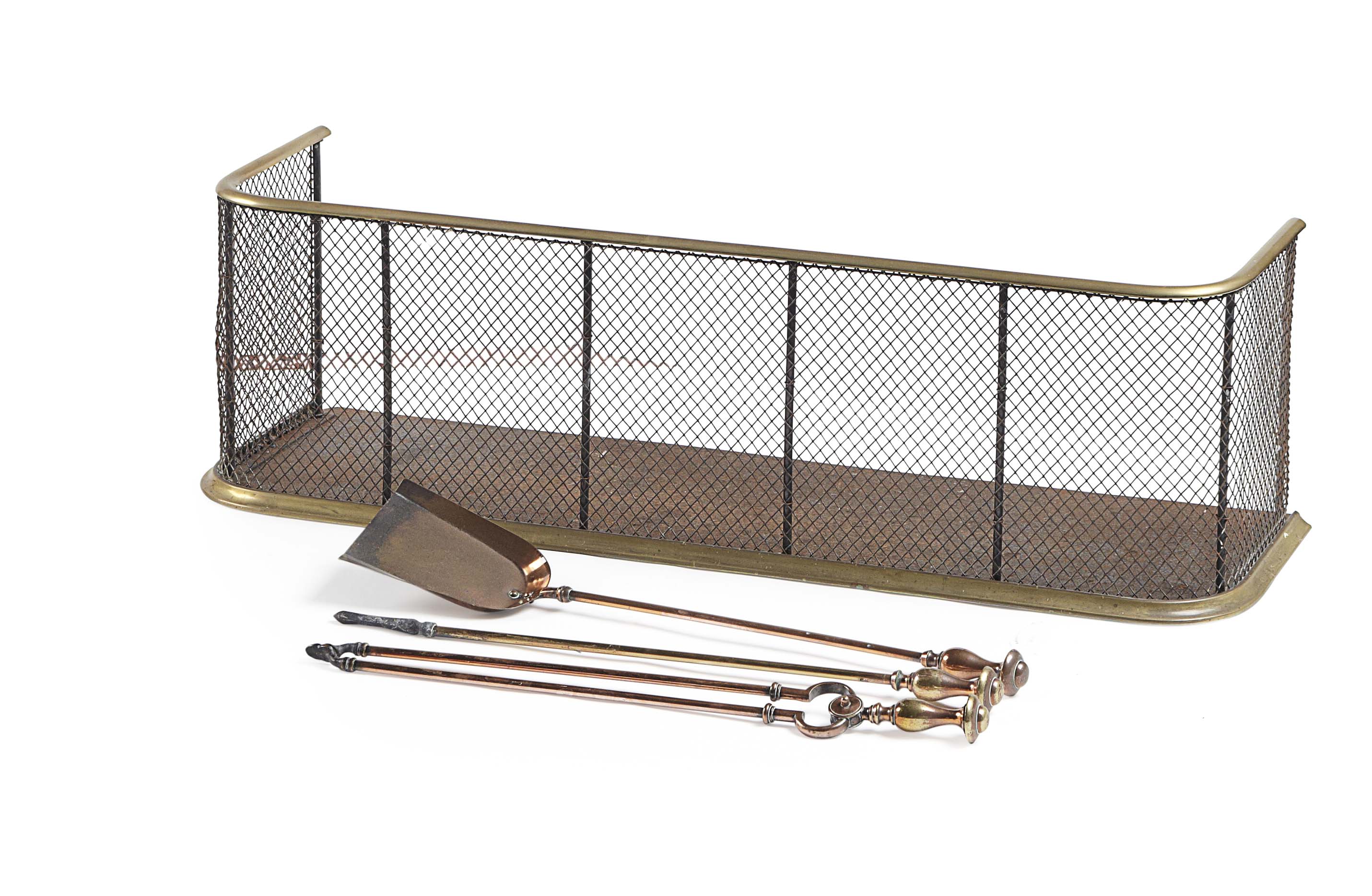 SET OF THREE FIRE BRASS AND COPPER FIREIRONS