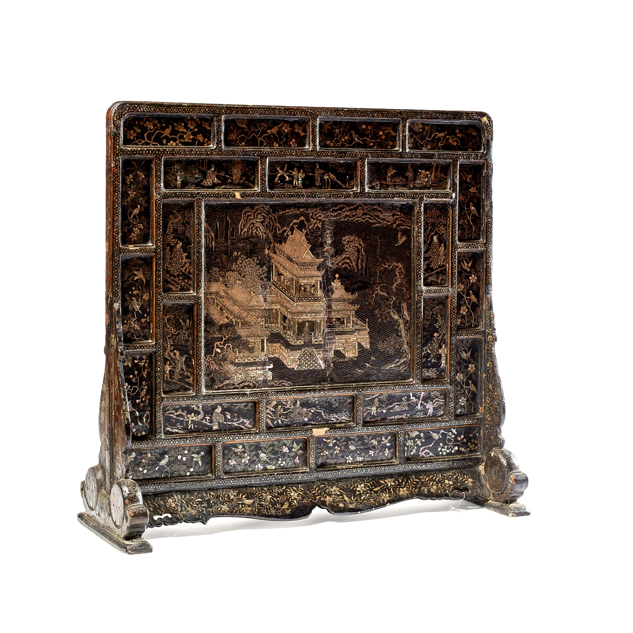RARE MOTHER-OF-PEARL INLAID BLACK LACQUER ‘PAVILION OF PRINCE TENG’ SCREEN
