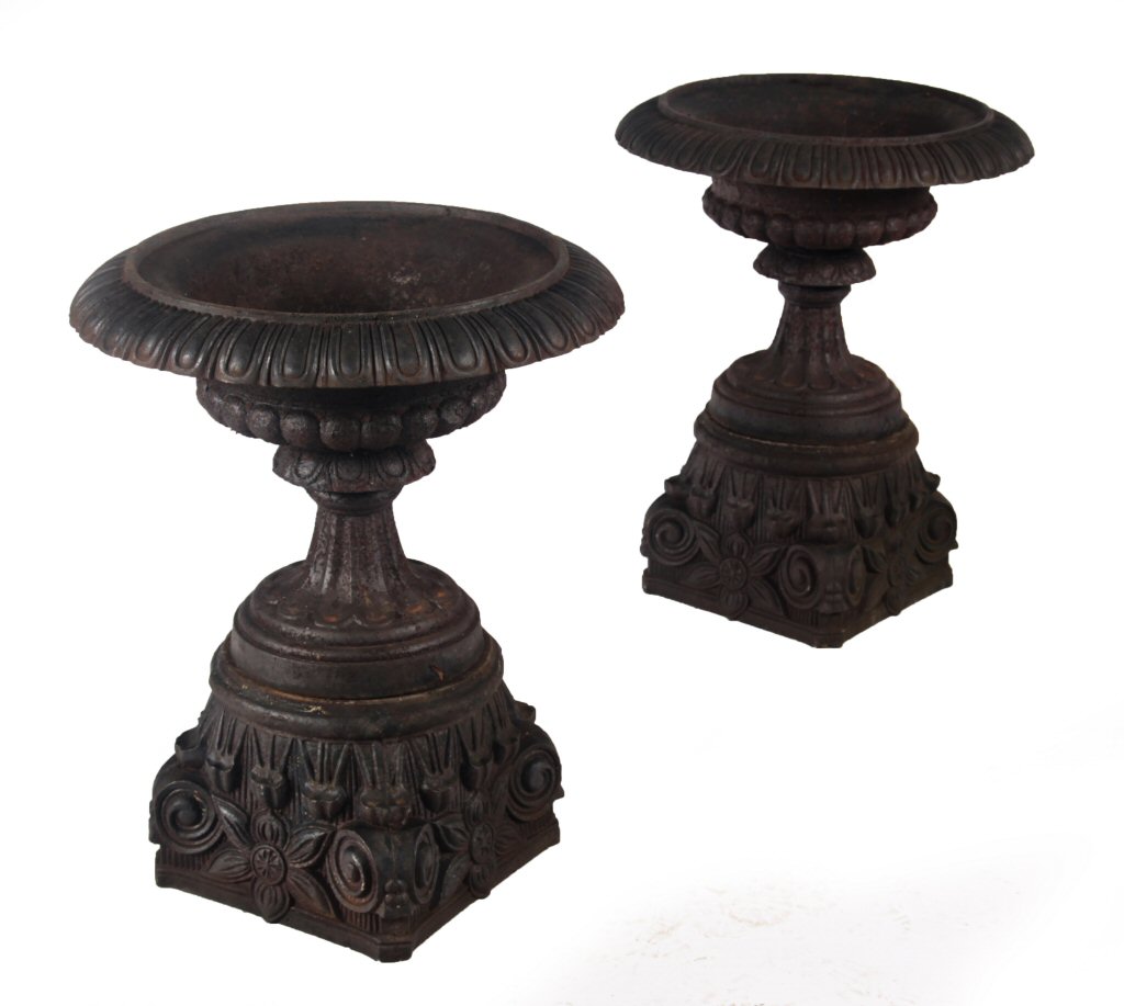 PAIR OF VICTORIAN CAST IRON URNS