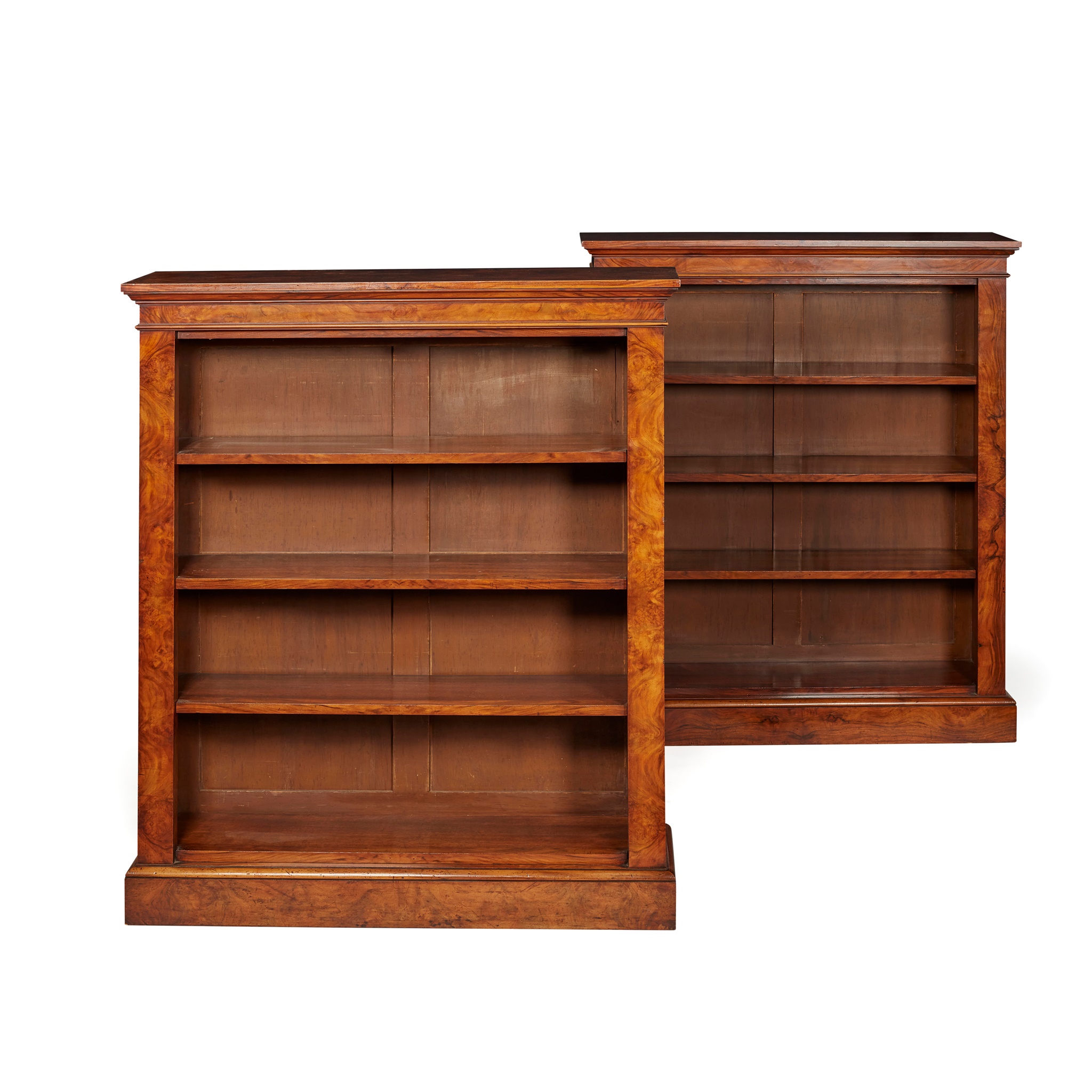 PAIR OF VICTORIAN WALNUT OPEN BOOKCASES
