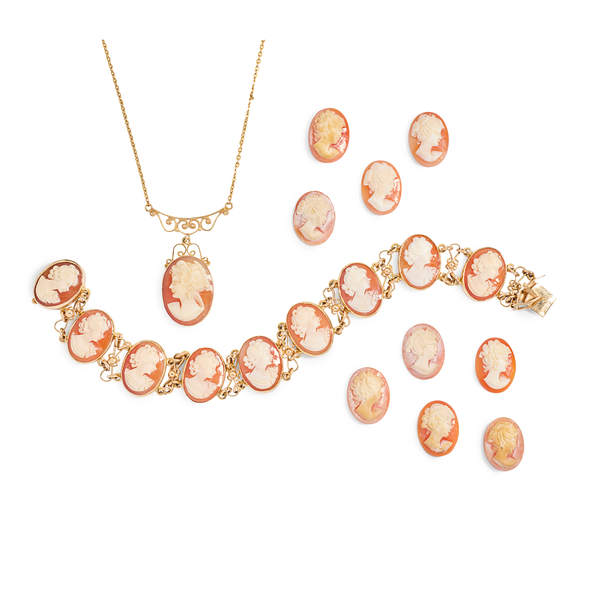 A collection of shell cameo jewellery