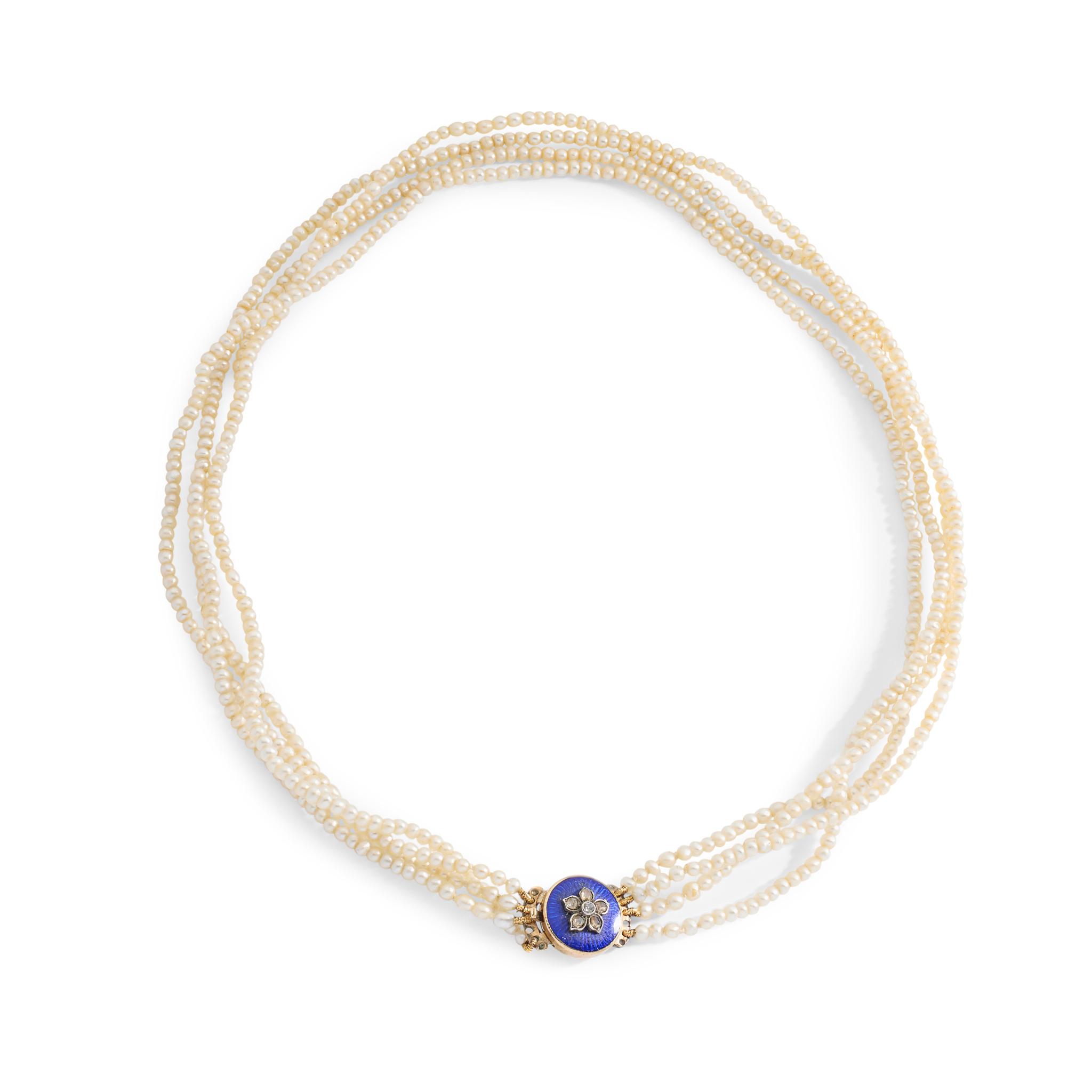 A mid 19th century pearl, enamel and diamond necklace