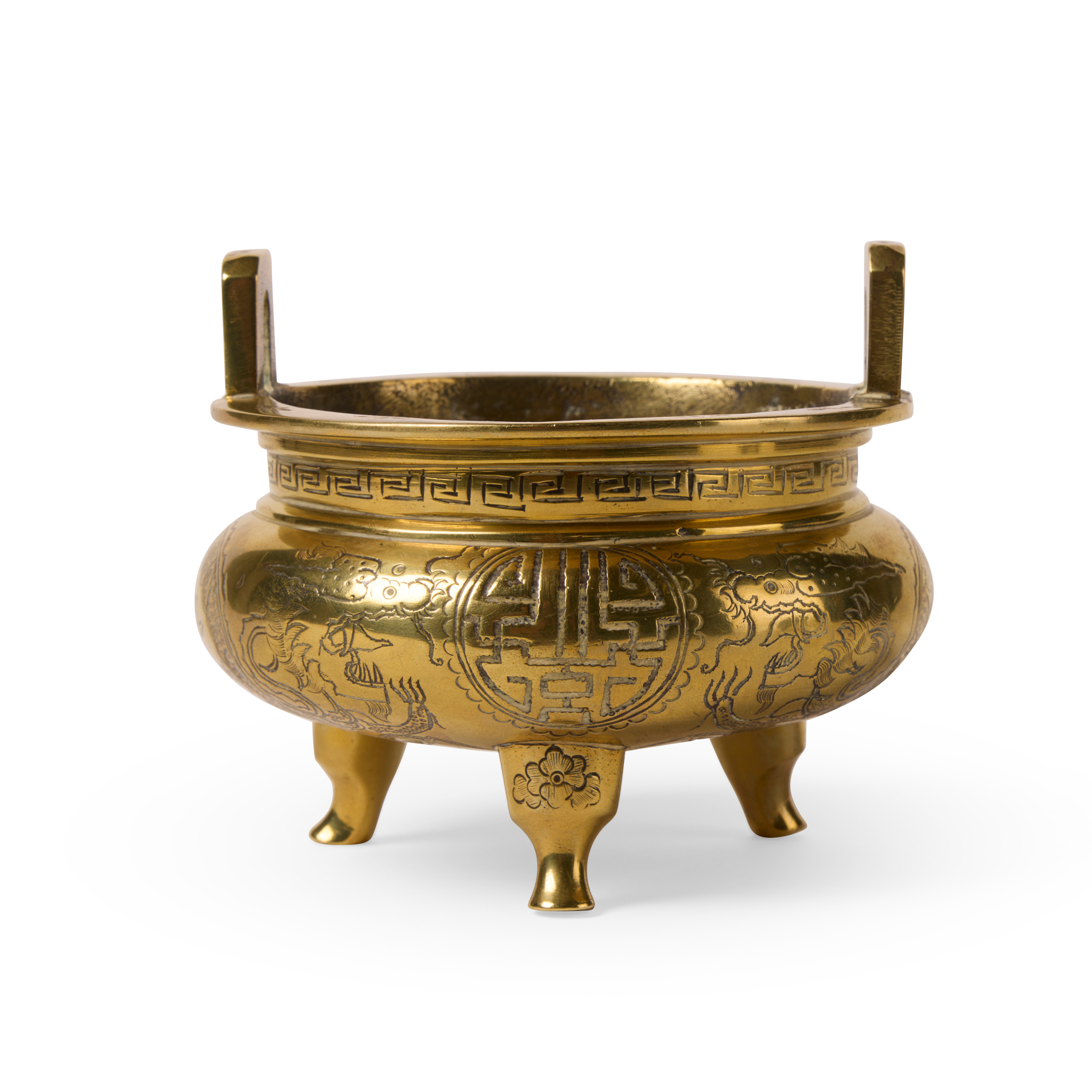 CHINESE BRONZE 'DOUBLE DRAGONS' TRIPOD CENSER