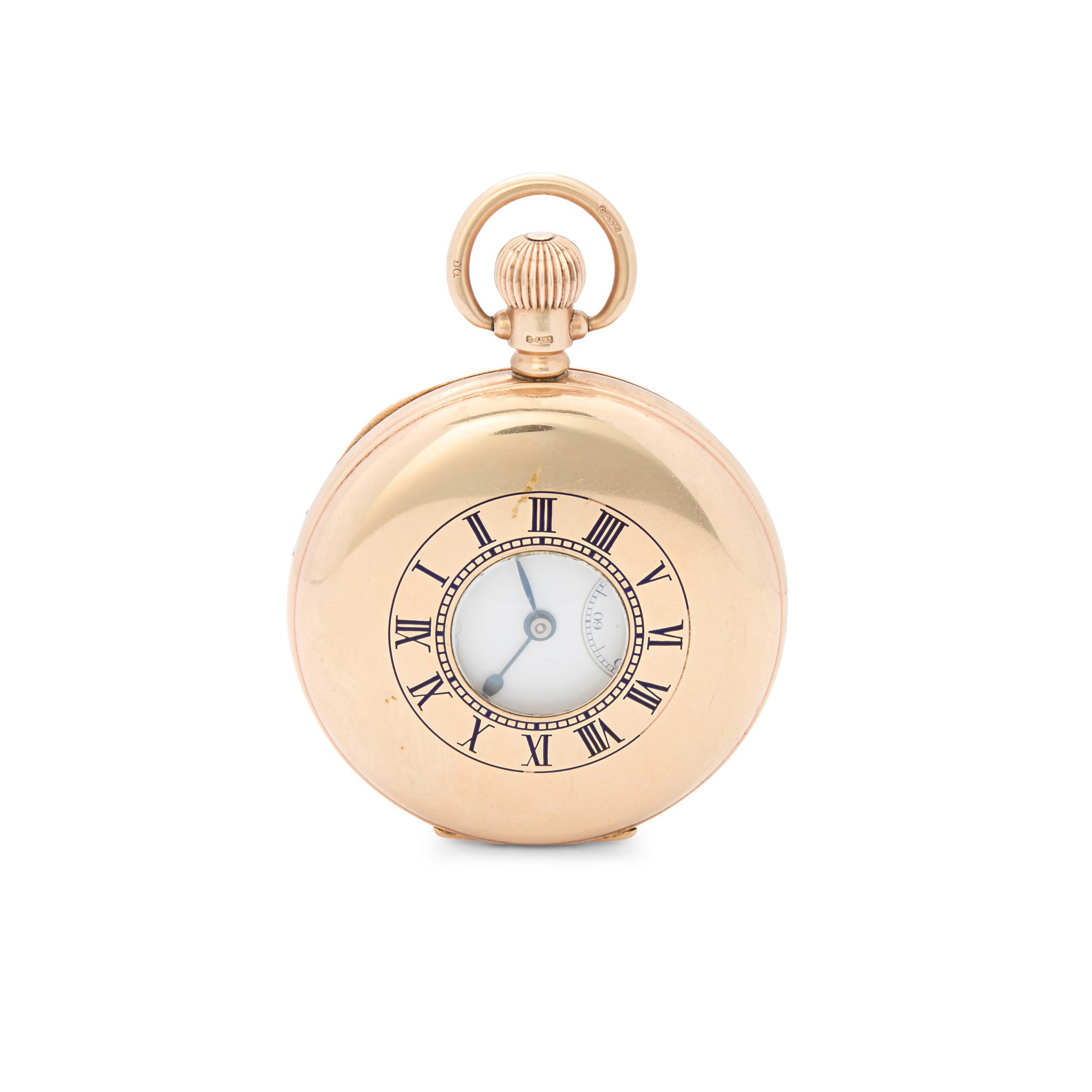 Swiss. A 9k gold half hunter cased pocket watch with chain