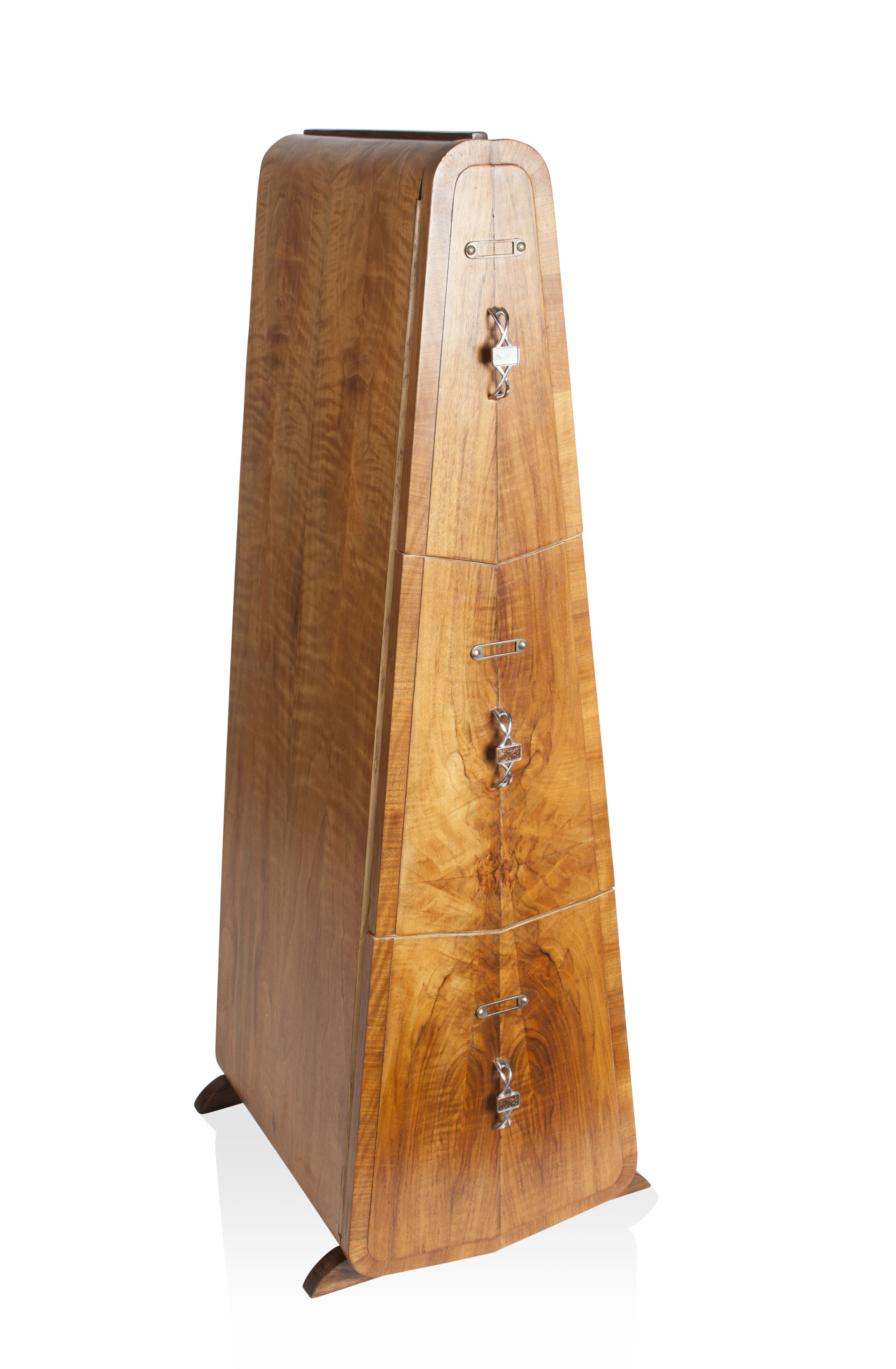 WALNUT AND BURR WALNUT METRONOME SHAPED CABINET