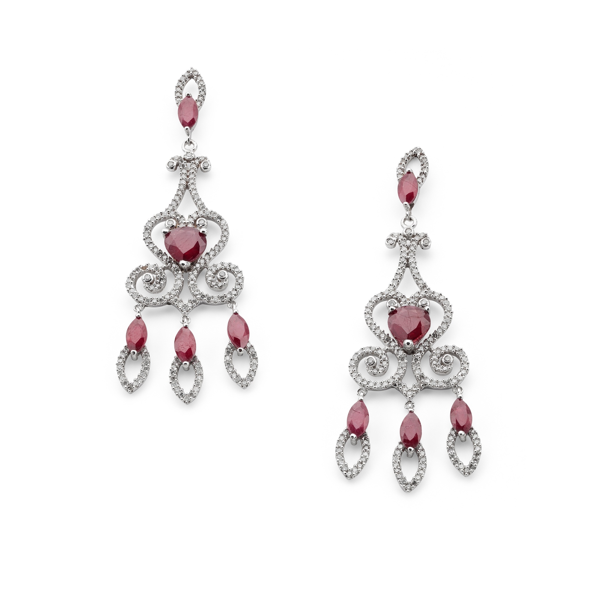 A pair of ruby and diamond pendant earrings