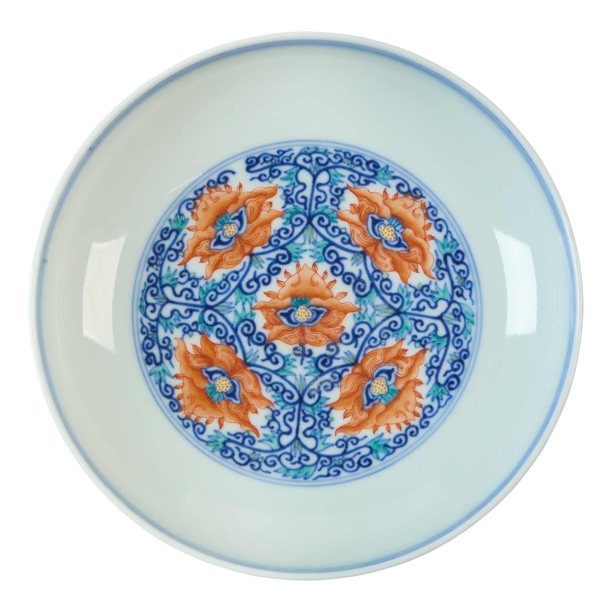 CHINESE IRON-RED-DECORATED BLUE AND WHITE 'LOTUS' DISH