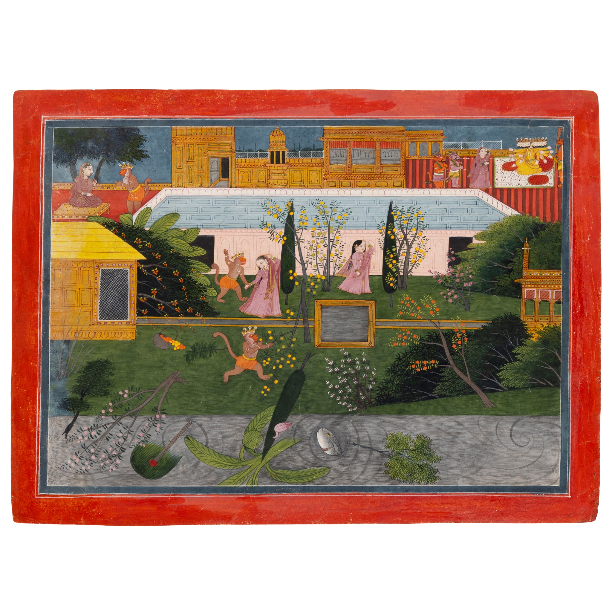 AN ILLUSTRATION FROM A RAMAYANA SERIES: HANUMAN TAKES LEAVE OF SITA AND DESTROYS THE ASHOKA GROVE