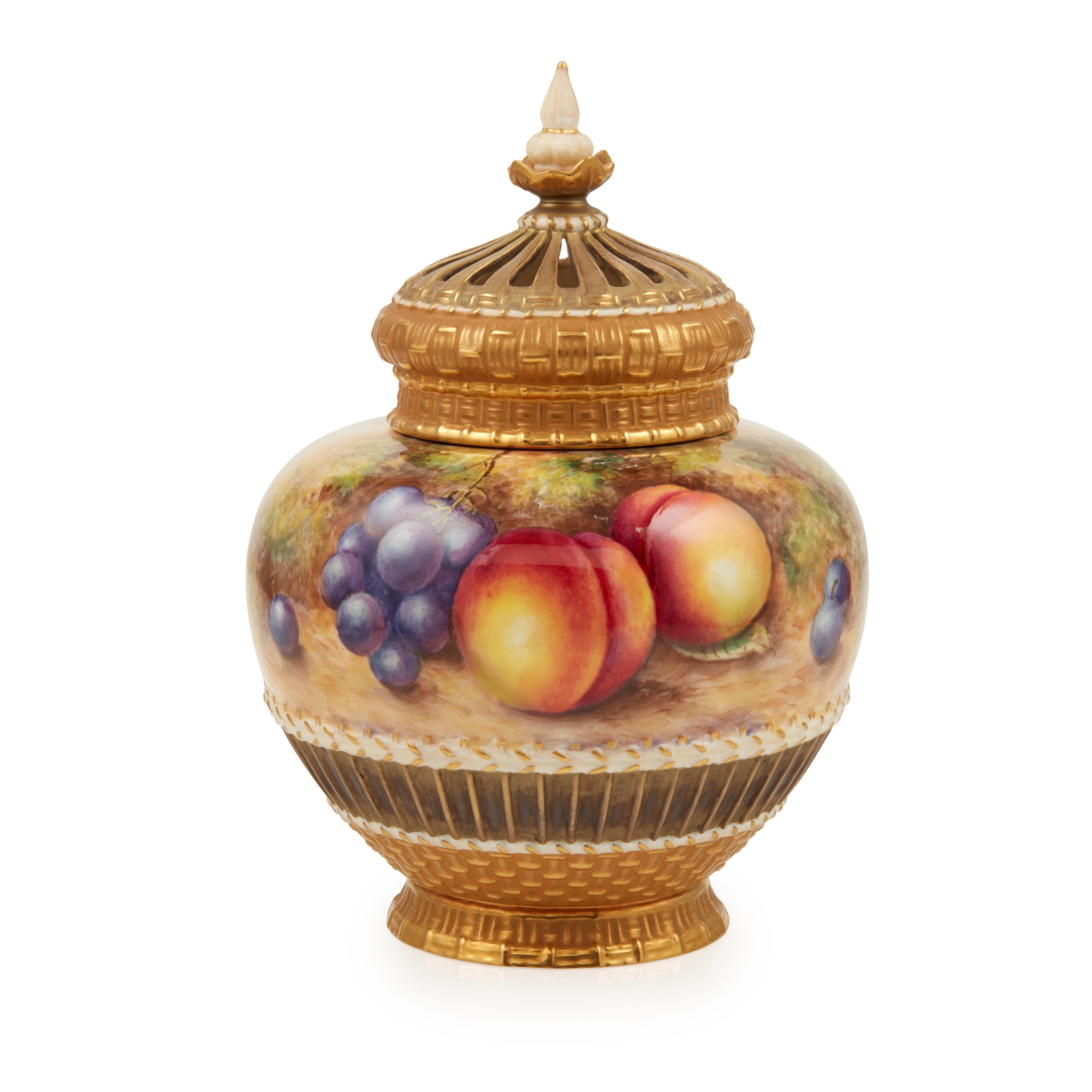 ROYAL WORCESTER FRUIT PAINTED POT POURRI JAR WITH COVER AND LINER, PAINTED BY FREEMAN