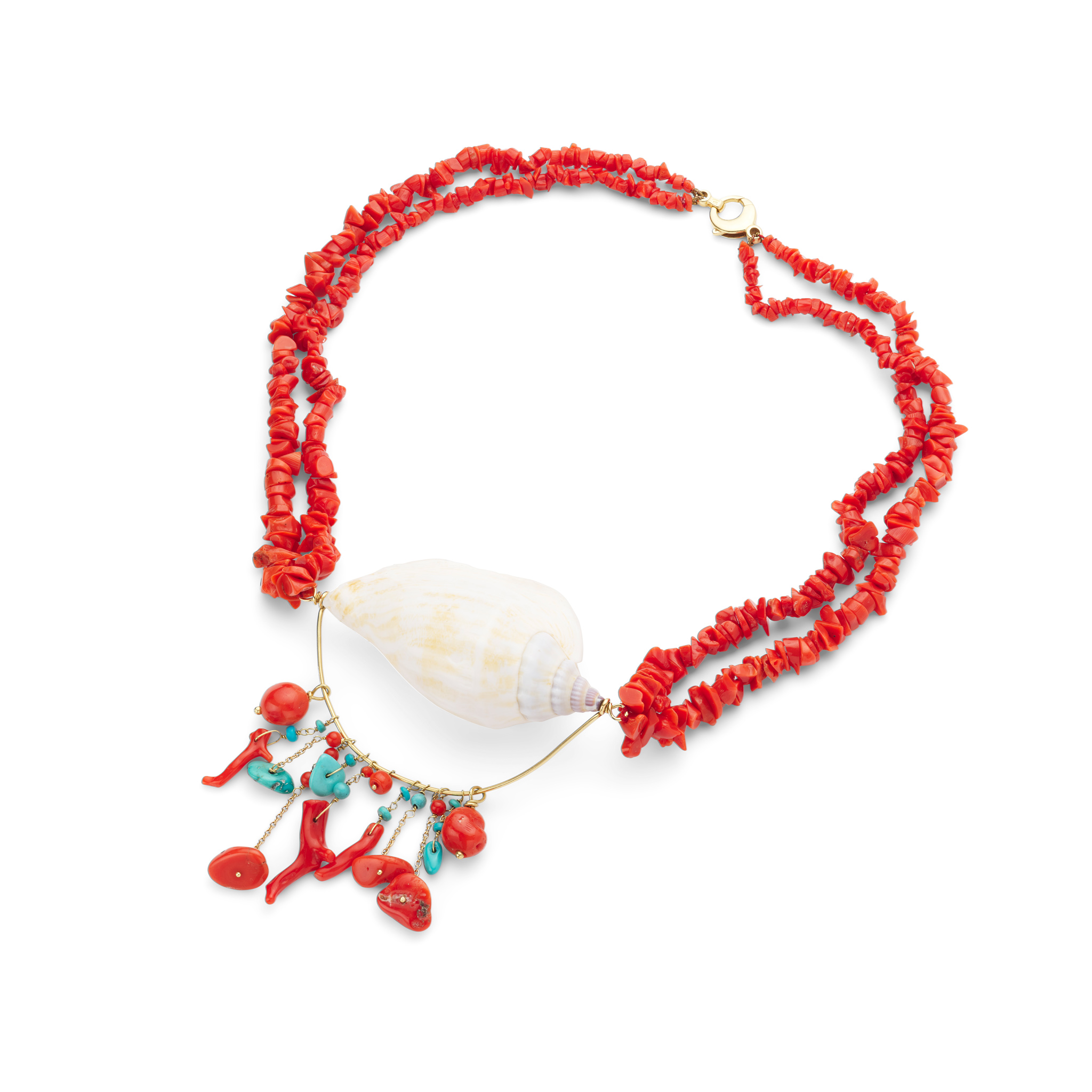 A gold, coral, turquoise and shell necklace