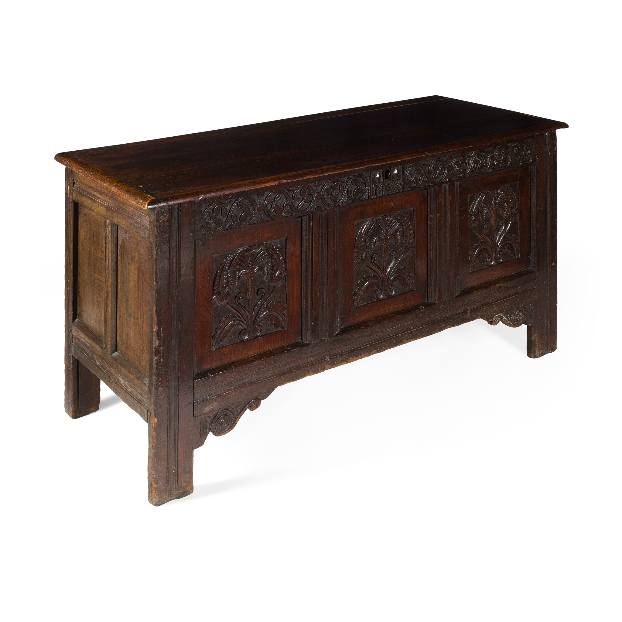 CARVED OAK THREE PANEL CHEST