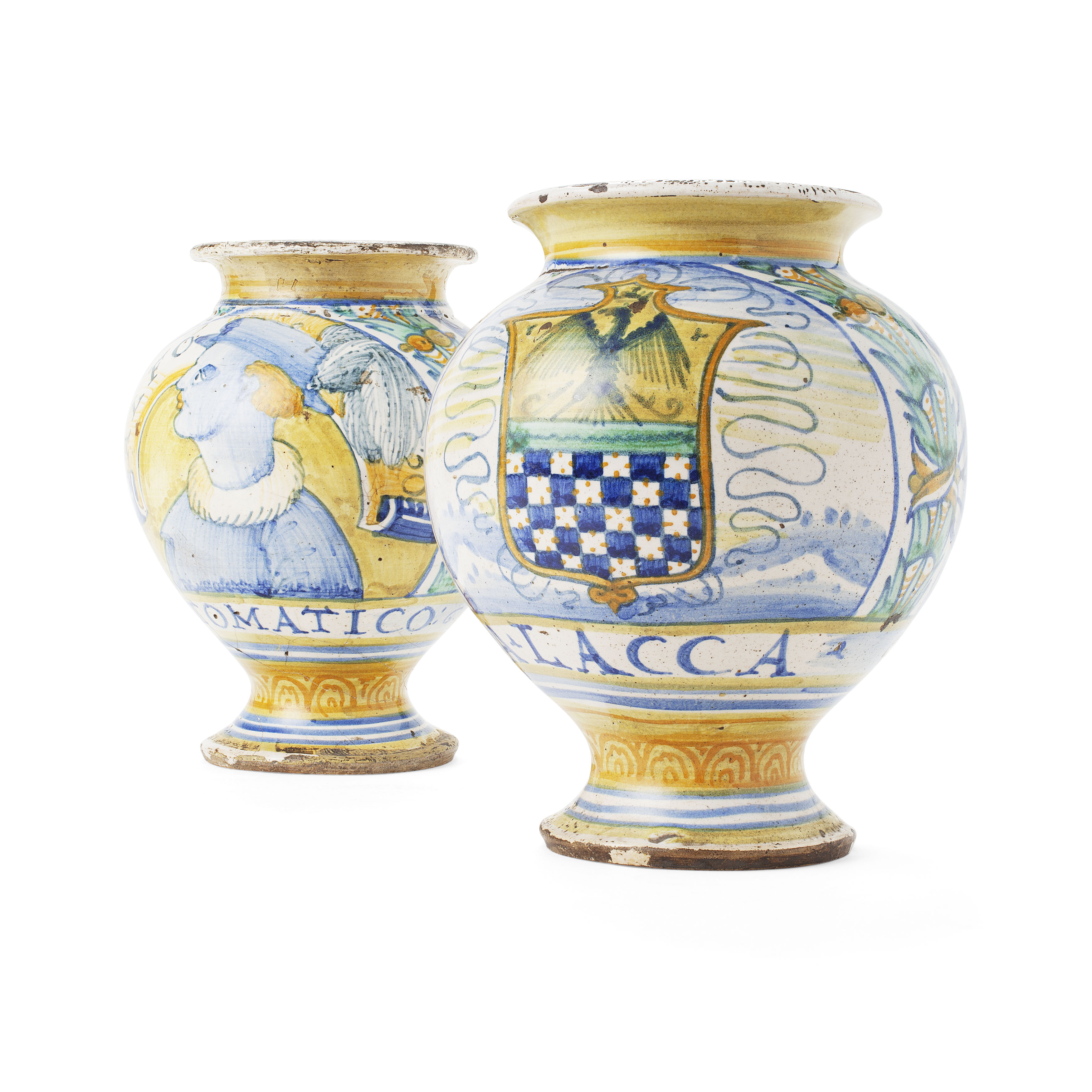 PAIR OF FRENCH OR ITALIAN TIN GLAZED APOTHECARY JARS PROBABLY FROM THE SAME SERIES