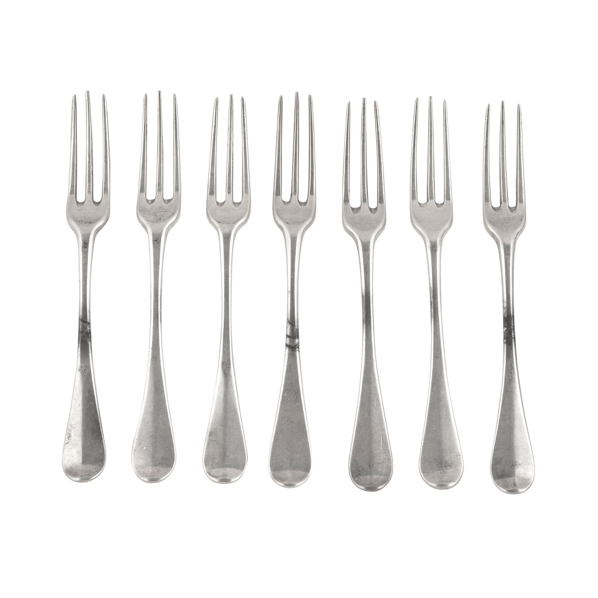 A SET OF SEVEN GEORGE I THREE PRONG FORKS