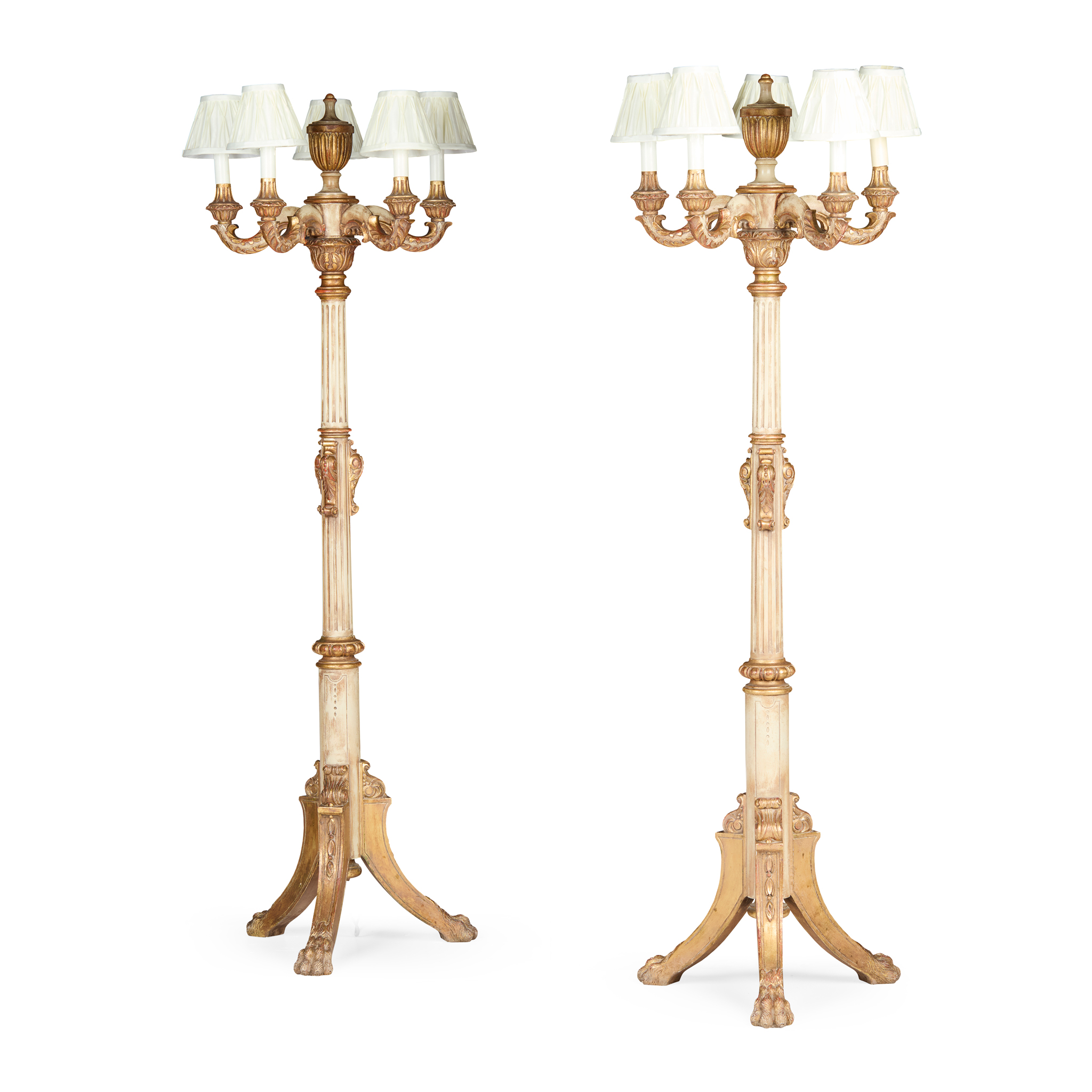 PAIR OF GILT AND PAINTED CARVED WOOD TORCHERES