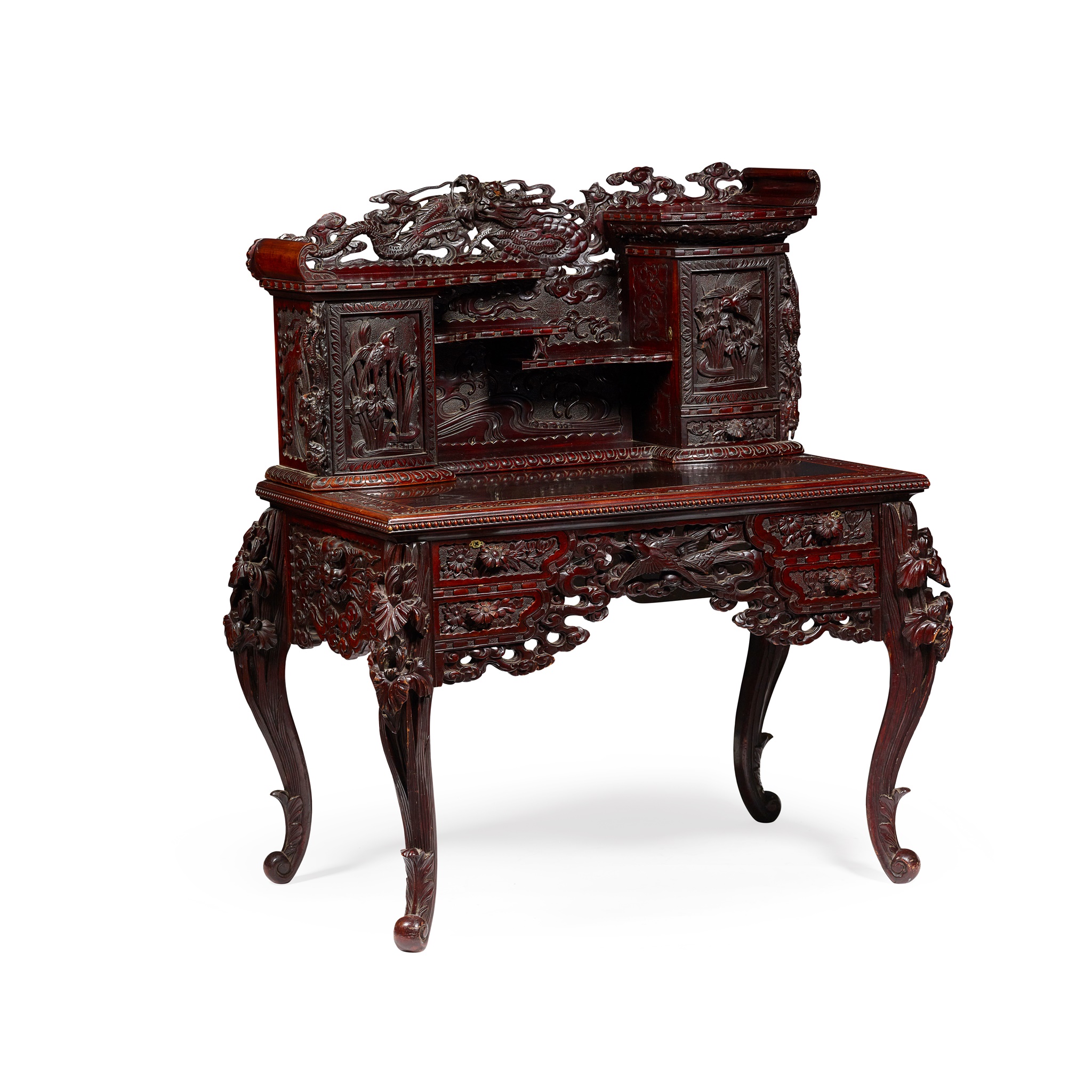 JAPANESE CARVED AND STAINED SOFTWOOD DESK