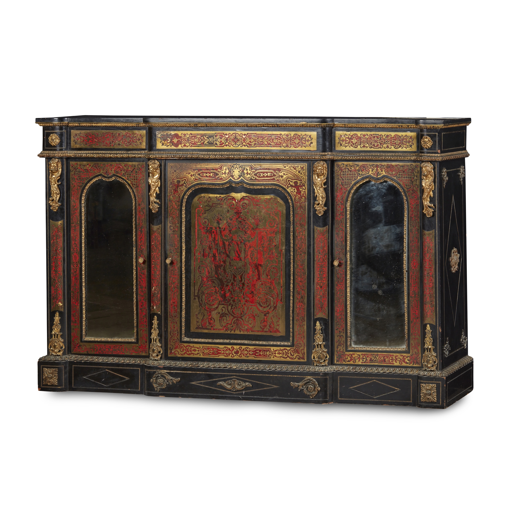 FRENCH EBONISED, RED TORTOISESHELL AND BRASS BOULLE MARQUETRY CREDENZA