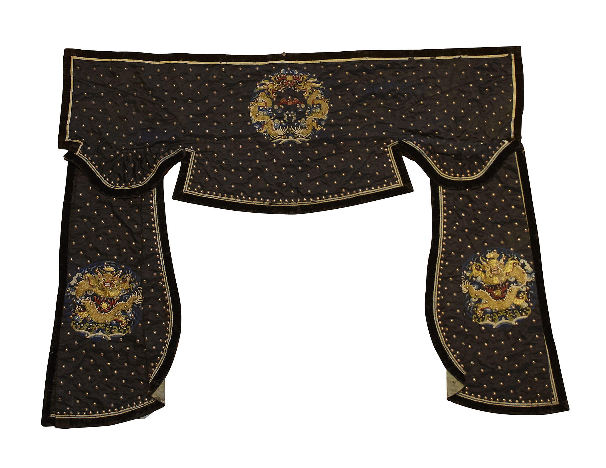 CHINESE MIDNIGHT BLUE SILK STUDDED PELMET