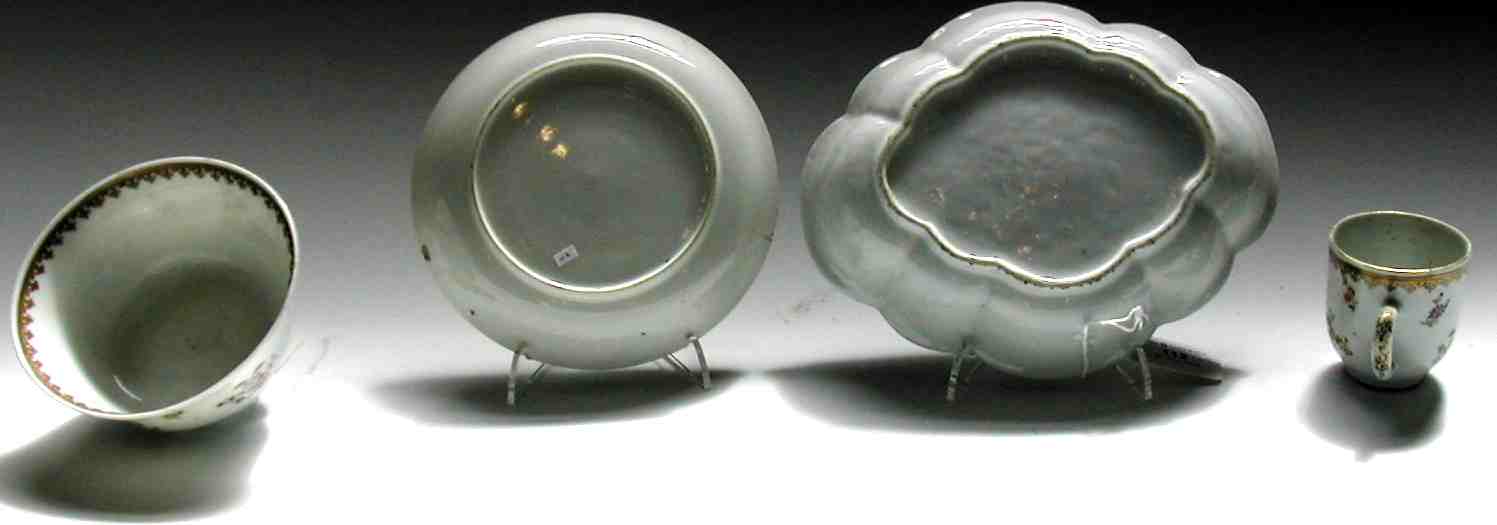 A late 18th century Chinese export famille rose armorial scalloped lozenge shaped scone tray,