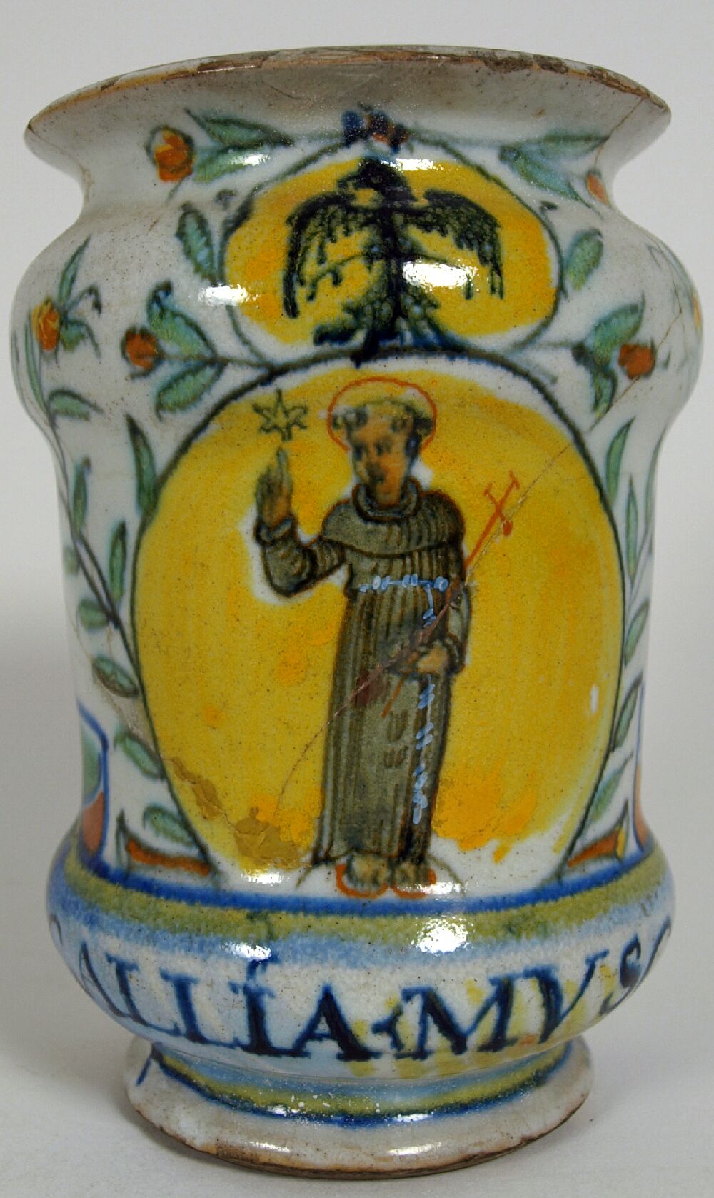 An early 17th century small maiolica albarello Probably Deruta or Castel Durante
