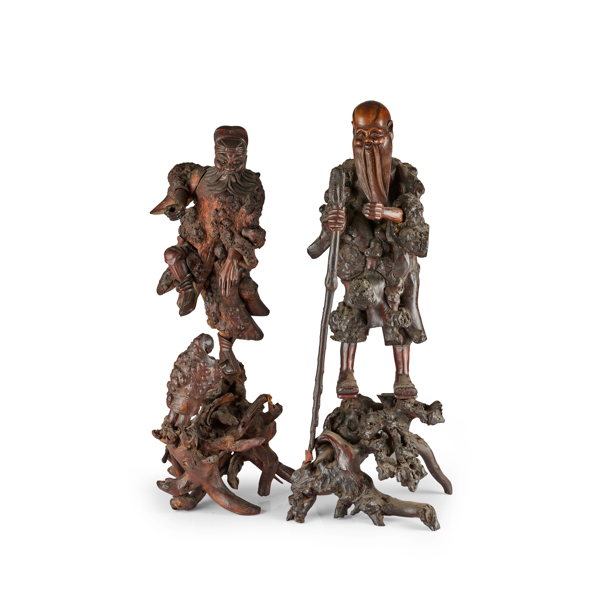 TWO LARGE BURL ROOTWOOD CARVINGS OF MALE DEITY