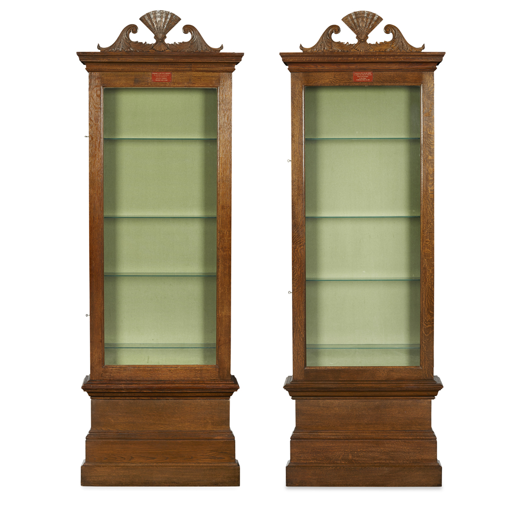 PAIR OF WALL-MOUNTED OAK FAN DISPLAY CABINETS