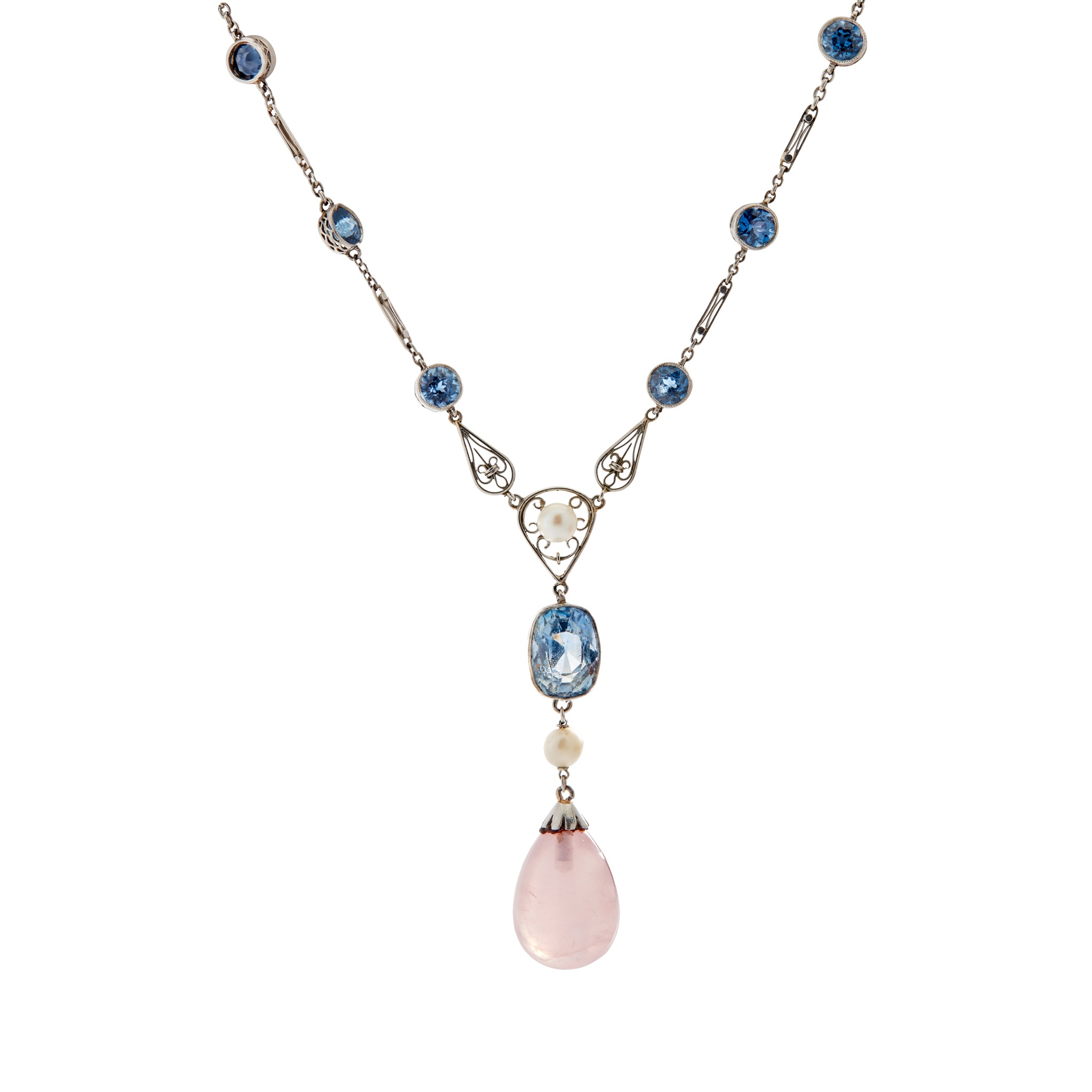 An early 20th-Century sapphire, rose quartz and pearl necklace