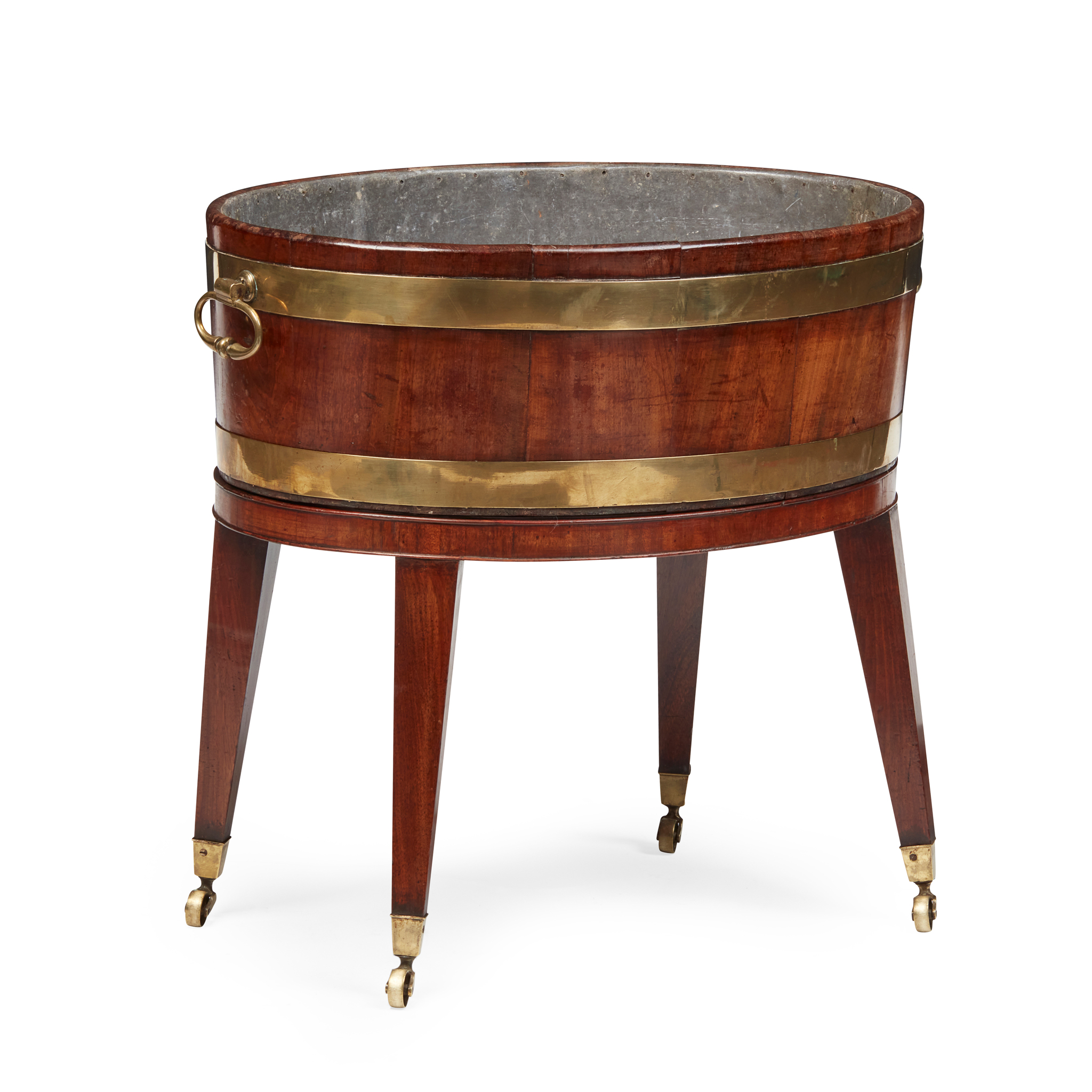 GEORGE III MAHOGANY AND BRASS WINE COOLER ON STAND