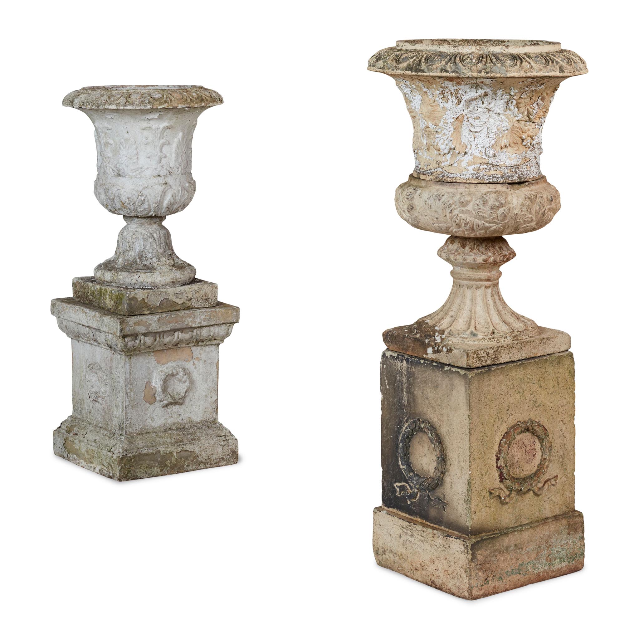 TWO SCOTTISH FIRE CLAY URNS AND PEDESTALS