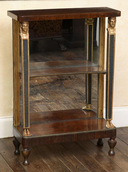 A pair of rosewood, giltwood and painted étagères