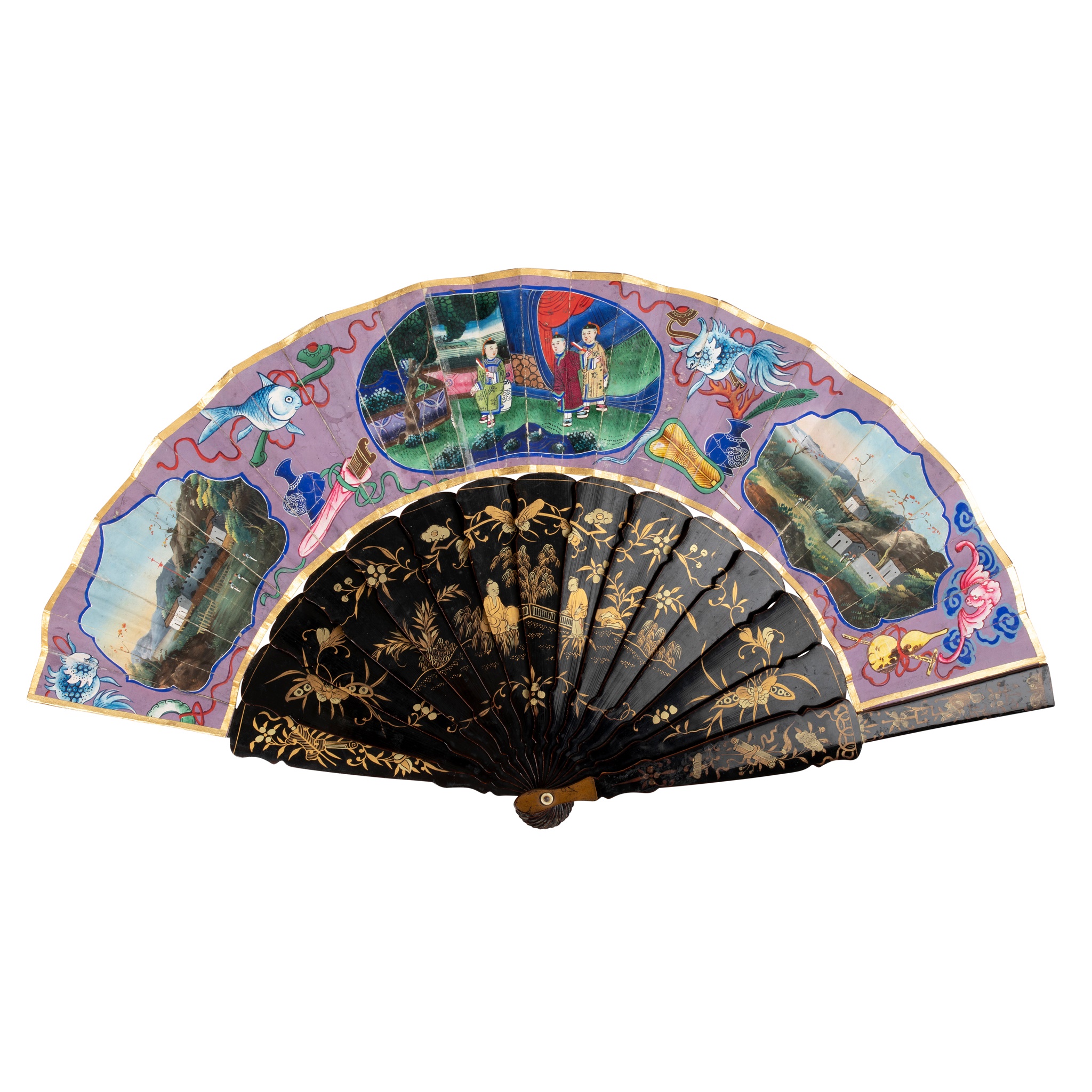 CANTON LACQUERED AND PAPER 'LANDSCAPE' FAN