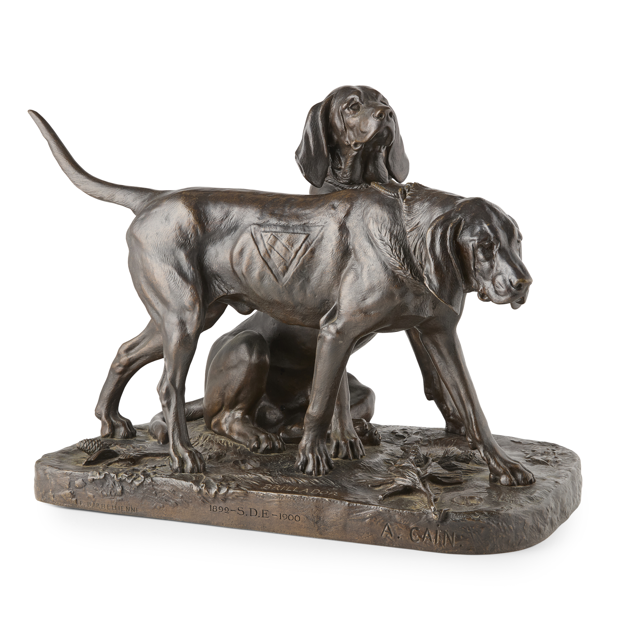 FRENCH BRONZE FIGURE OF A PAIR OF HOUNDS, BY AUGUSTE NICHOLAS CAIN (FRENCH 1822-1894)