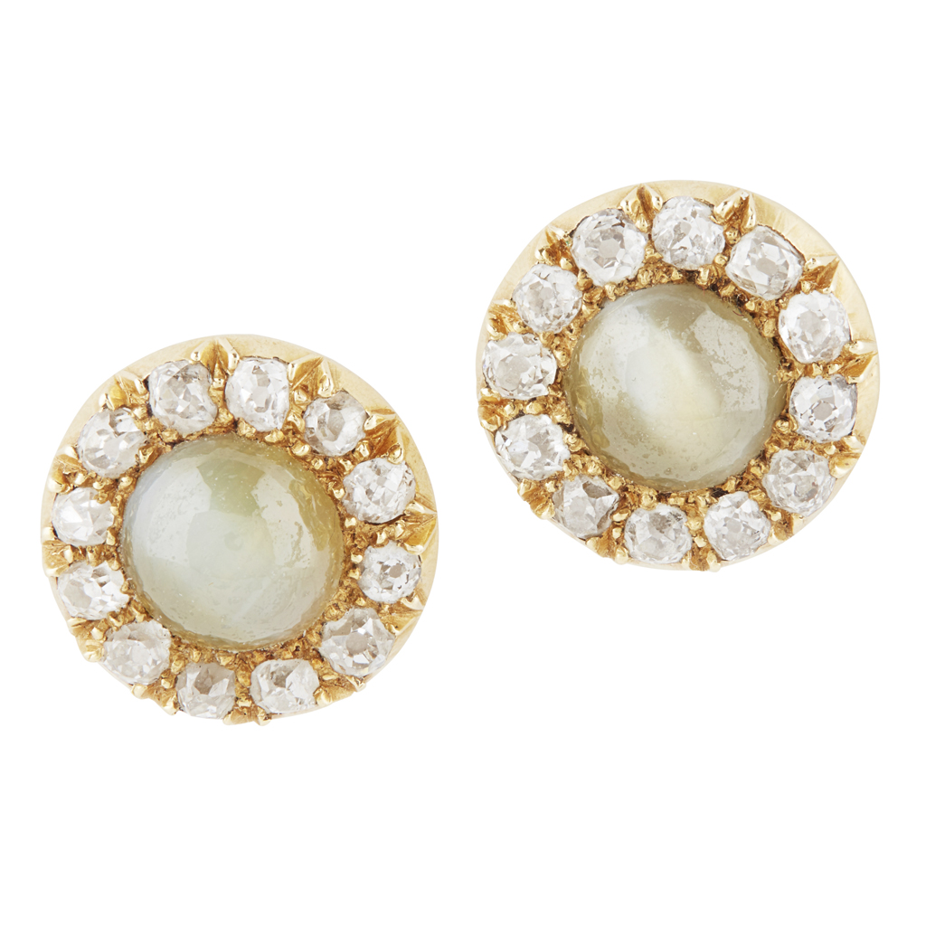 A pair of cat's-eye chrysoberyl and diamond cluster earrings