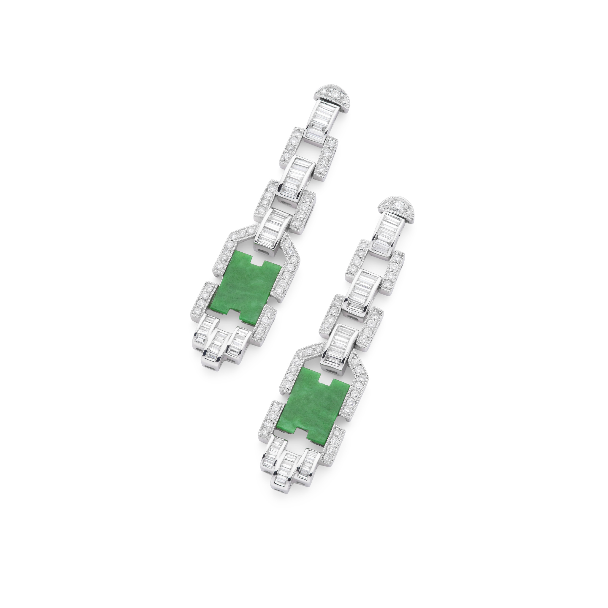 A pair of jade and diamond pendent earrings