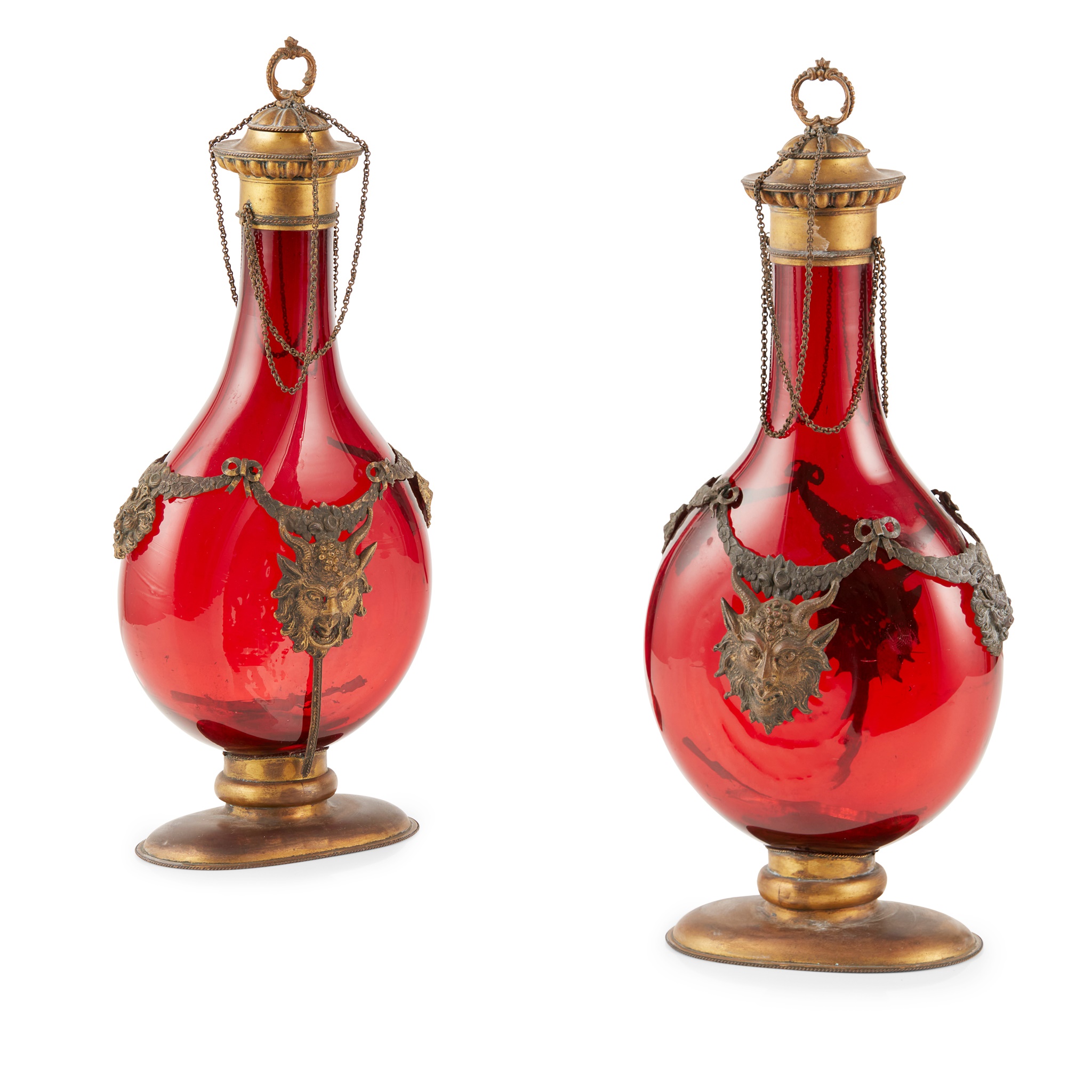 PAIR OF GERMAN RUBY GLASS GILT METAL MOUNTED PILGRIM FLASKS