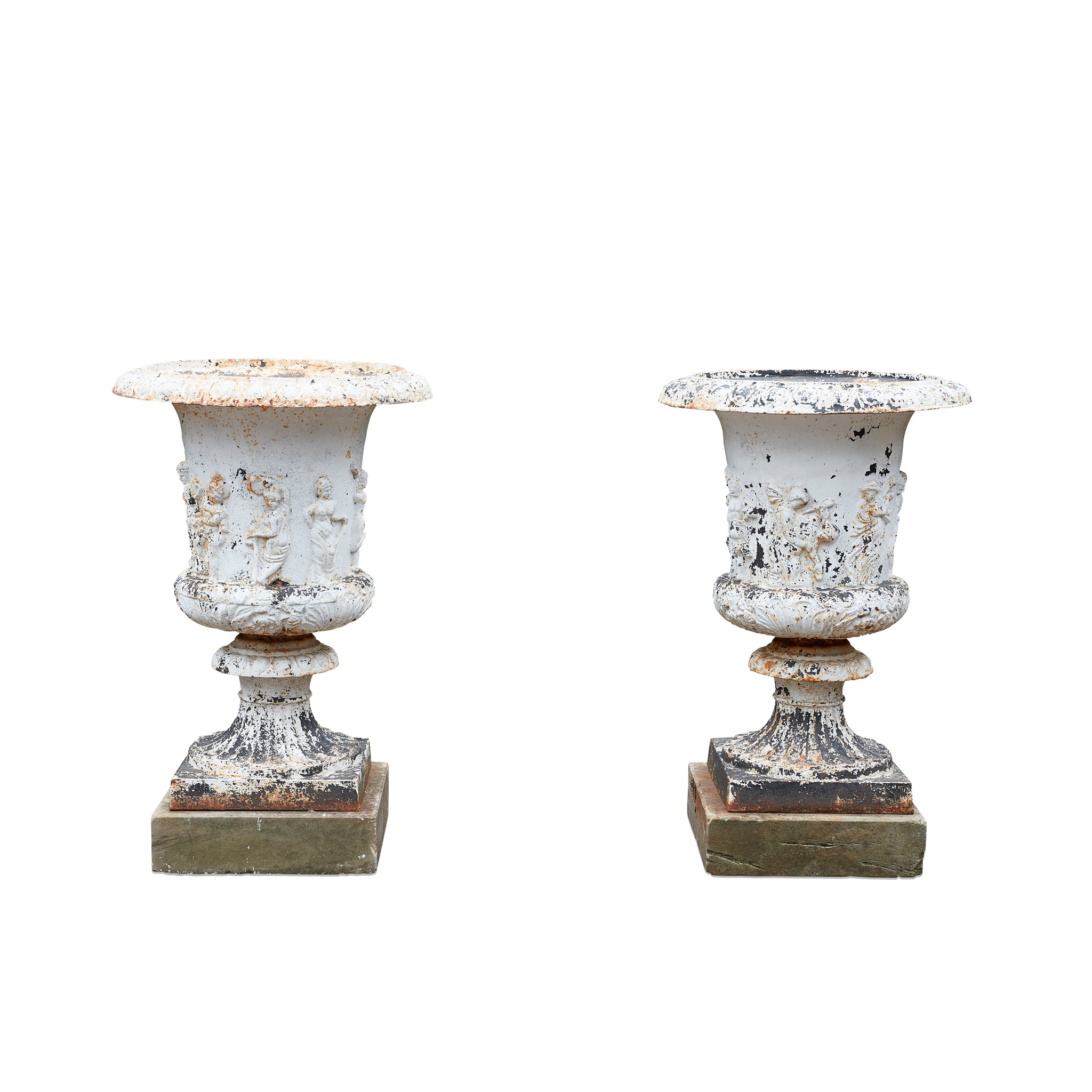PAIR OF WHITE PAINTED CAST IRON URNS