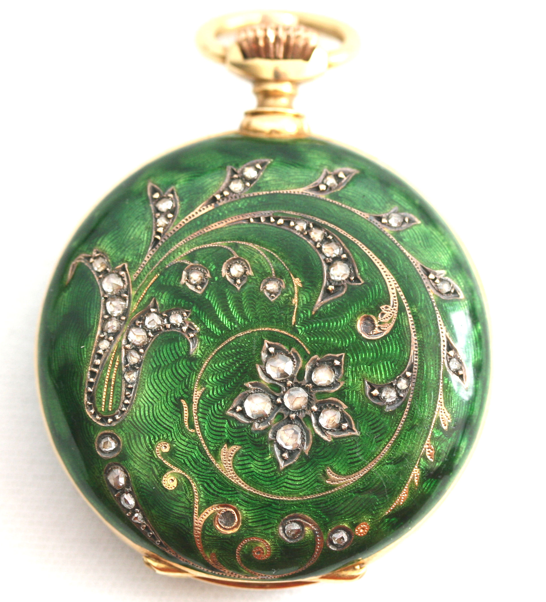 A continental 18K gold enamel and diamond set lady's fob watch