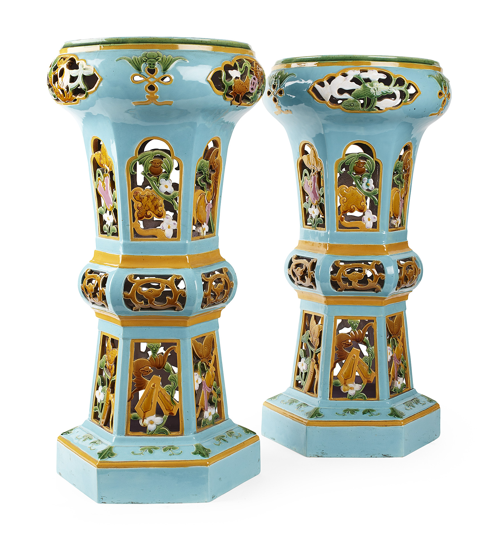 PAIR OF MINTON MAJOLICA JARDINIERE STANDS