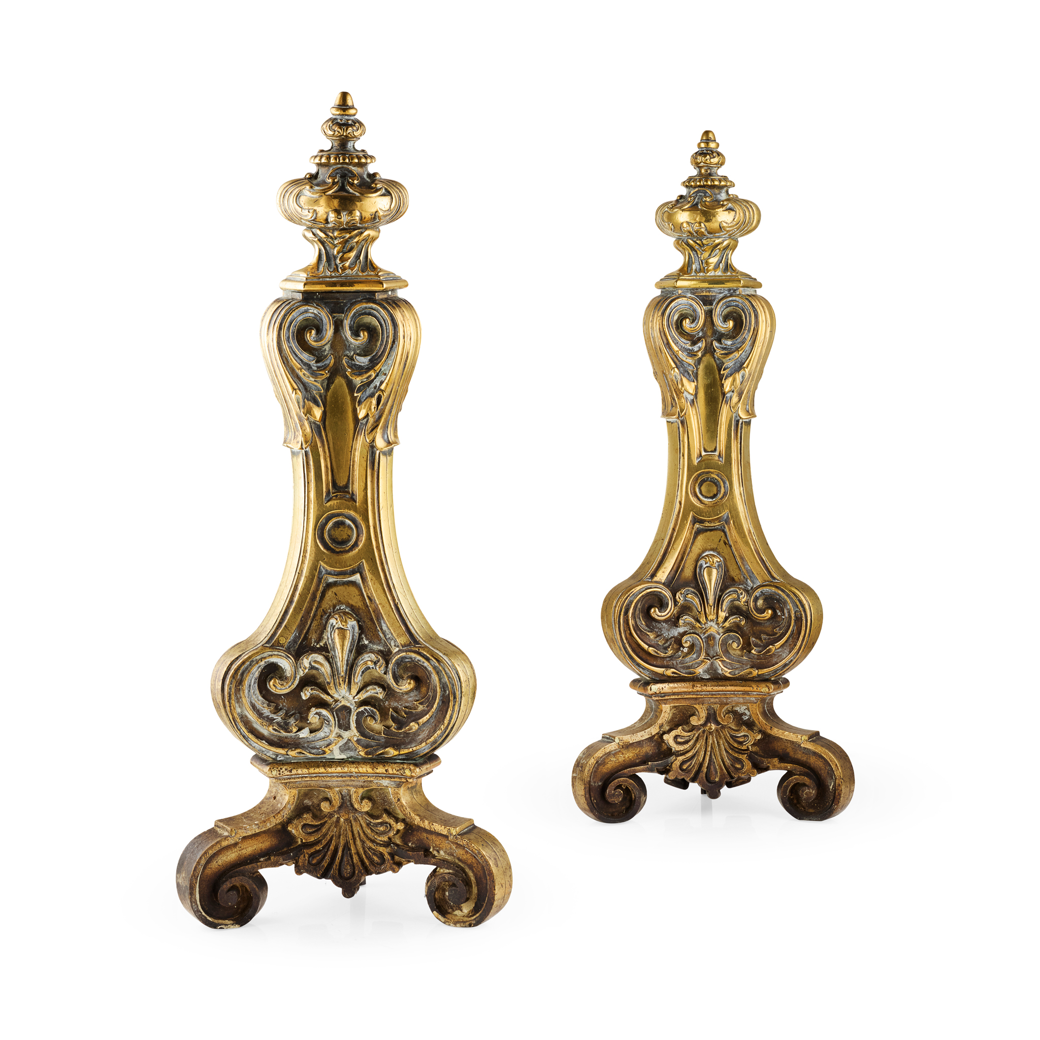 PAIR OF LARGE BRASS BAROQUE STYLE ANDIRONS