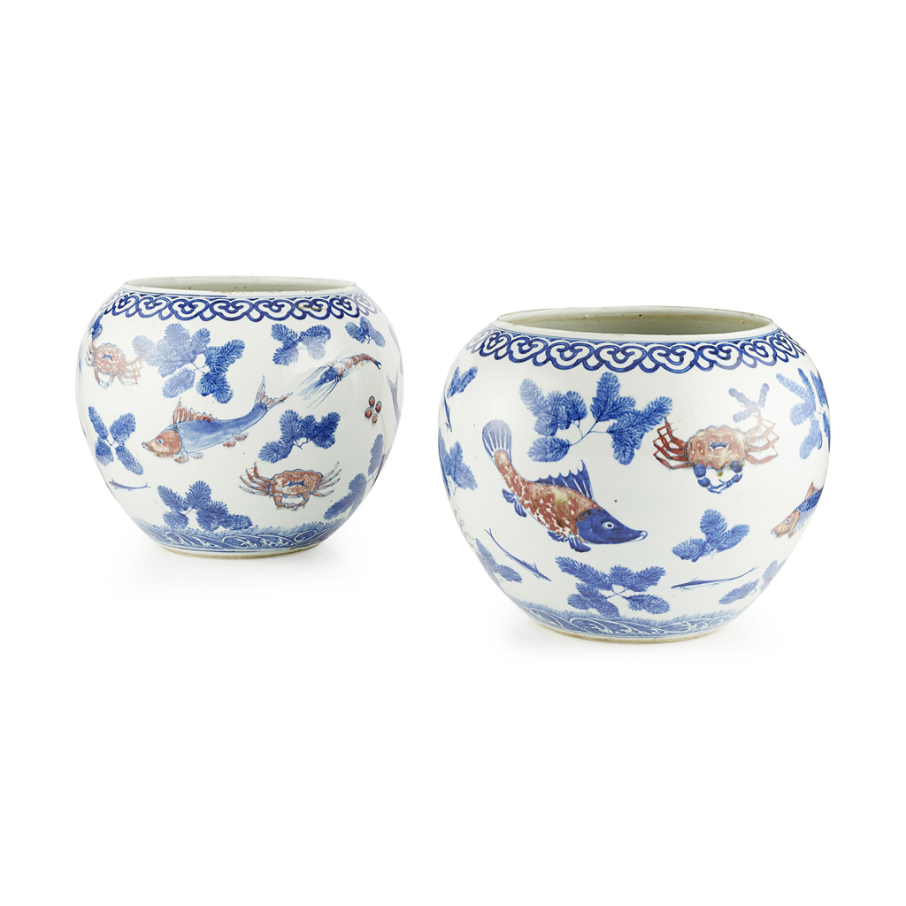 PAIR OF LARGE COPPER-RED DECORATED BLUE AND WHITE FISH BOWLS