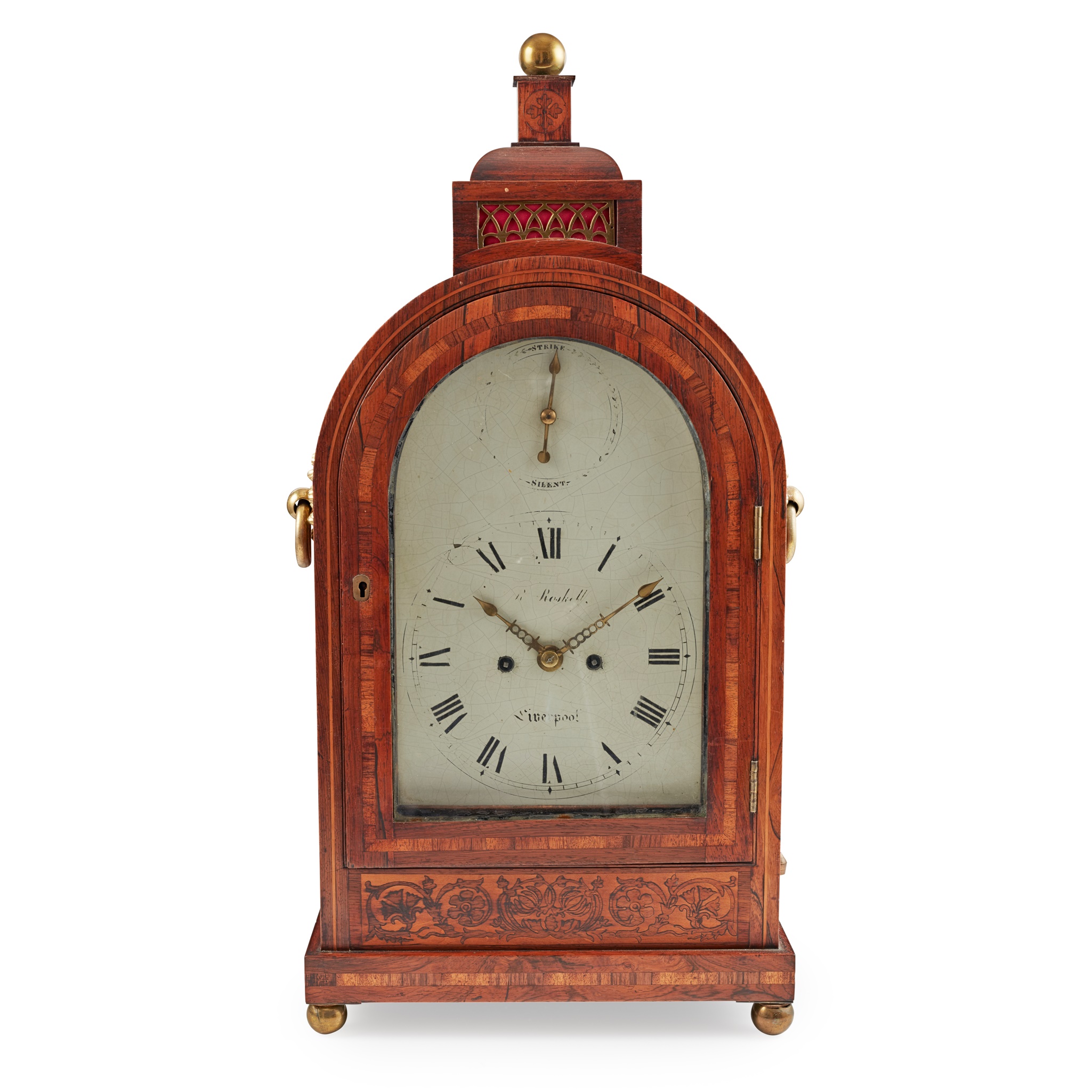 REGENCY ROSEWOOD, GONCALO ALVES, AND MARQUETRY BRACKET CLOCK, ROBERT ROSKELL, LIVERPOOL