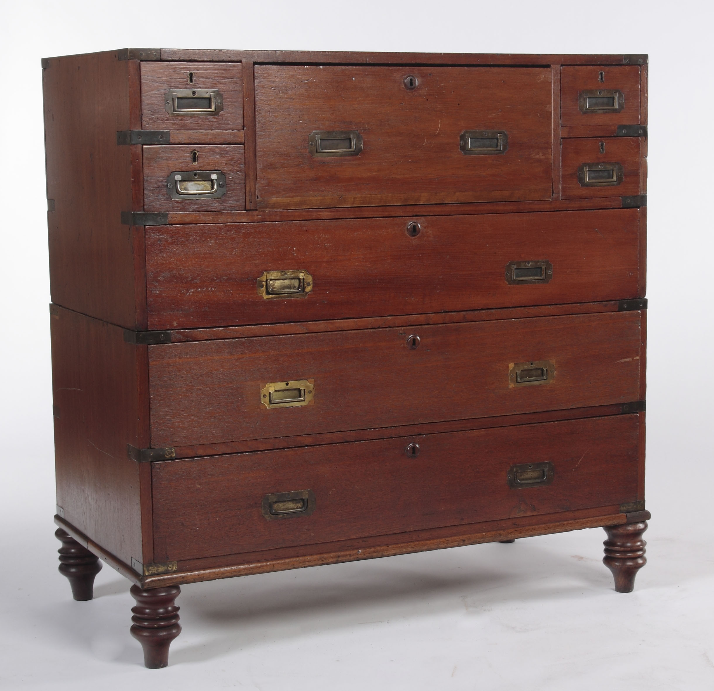A 19th century mahogany brass bound secretaire campaign chest