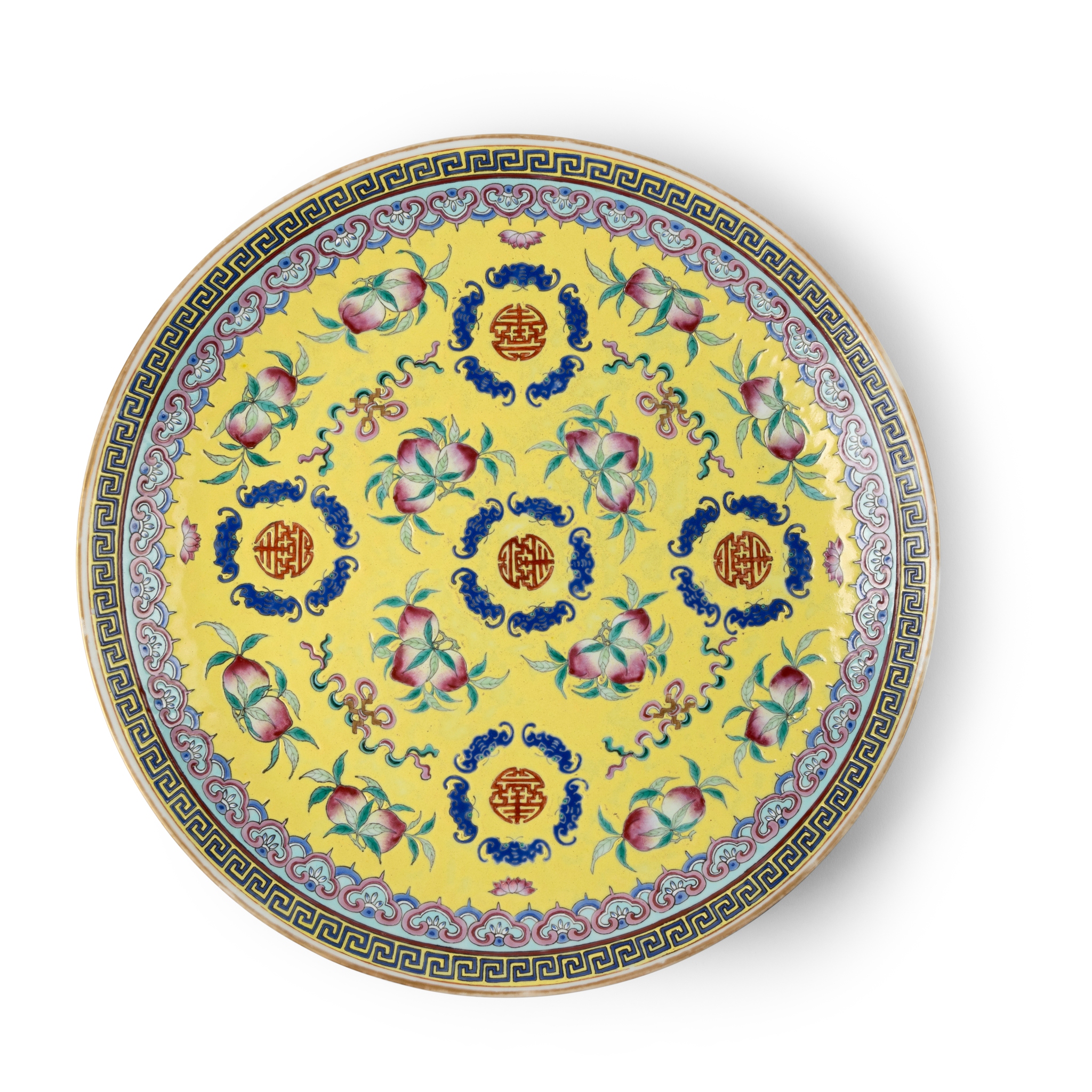 CHINESE YELLOW-GROUND FAMILLE ROSE 'LONGEVITY' CHARGER
